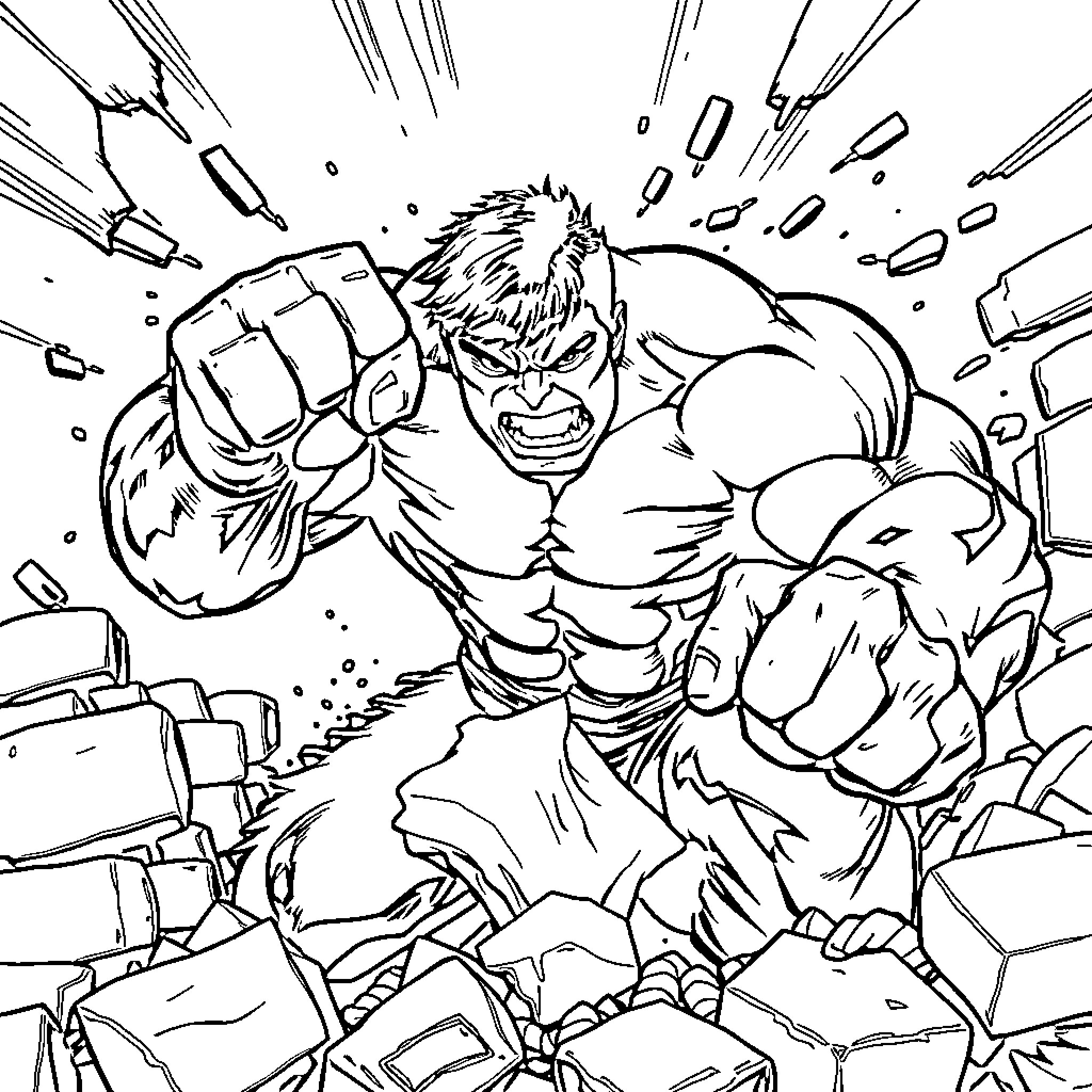 Hulk destroying the environment with tremendous force Coloring Page (free black-and-white line drawing printable PDF for all, from beginners to advanced learners, including children, teens, adults, and seniors)