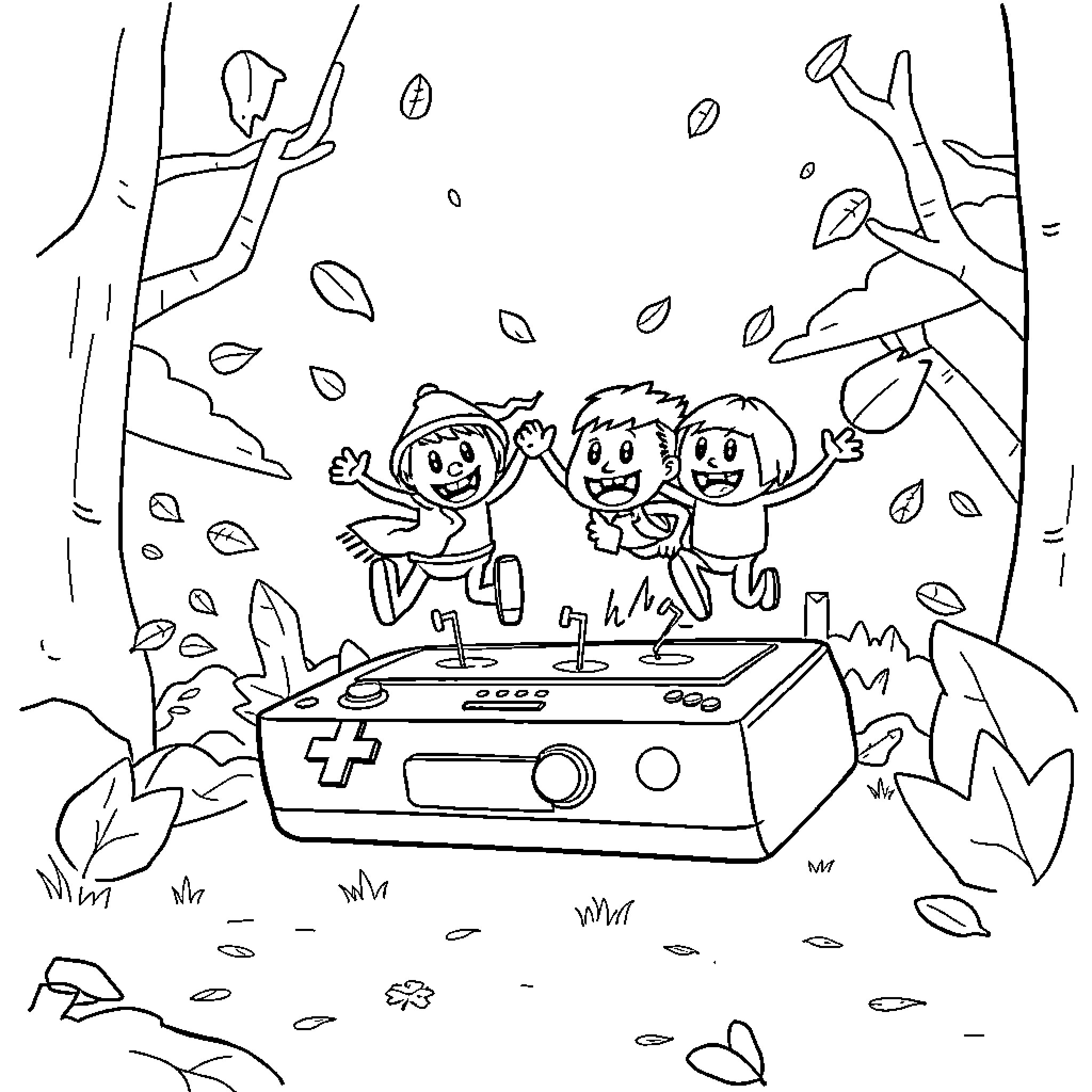 Fall Guys jumping and celebrating with video game controller Coloring Page (free black-and-white line drawing printable PDF for all, from beginners to advanced learners, including children, teens, adults, and seniors)