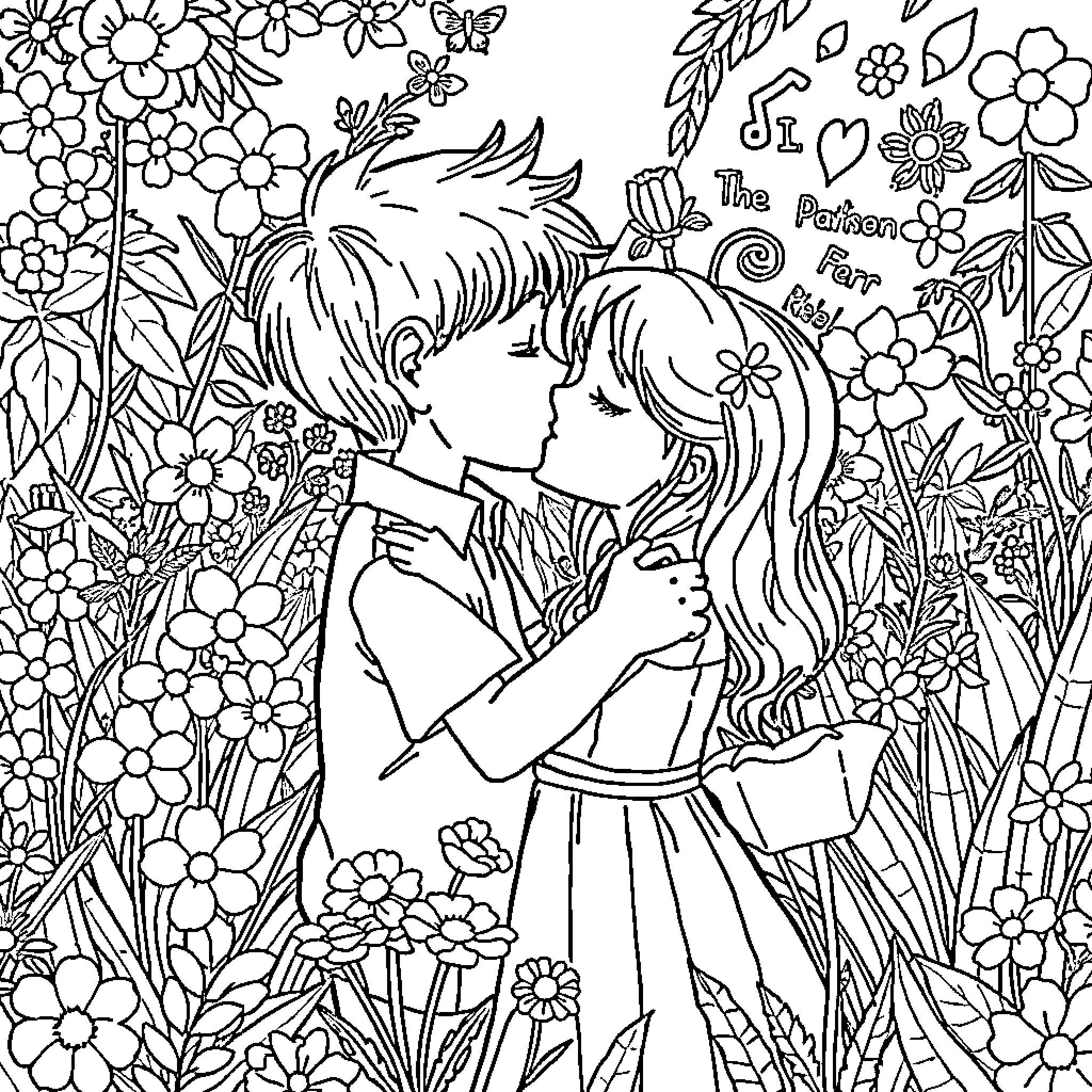 Boy and girl embracing in floral garden Coloring Page (free black-and-white line drawing printable PDF for all, from beginners to advanced learners, including children, teens, adults, and seniors)