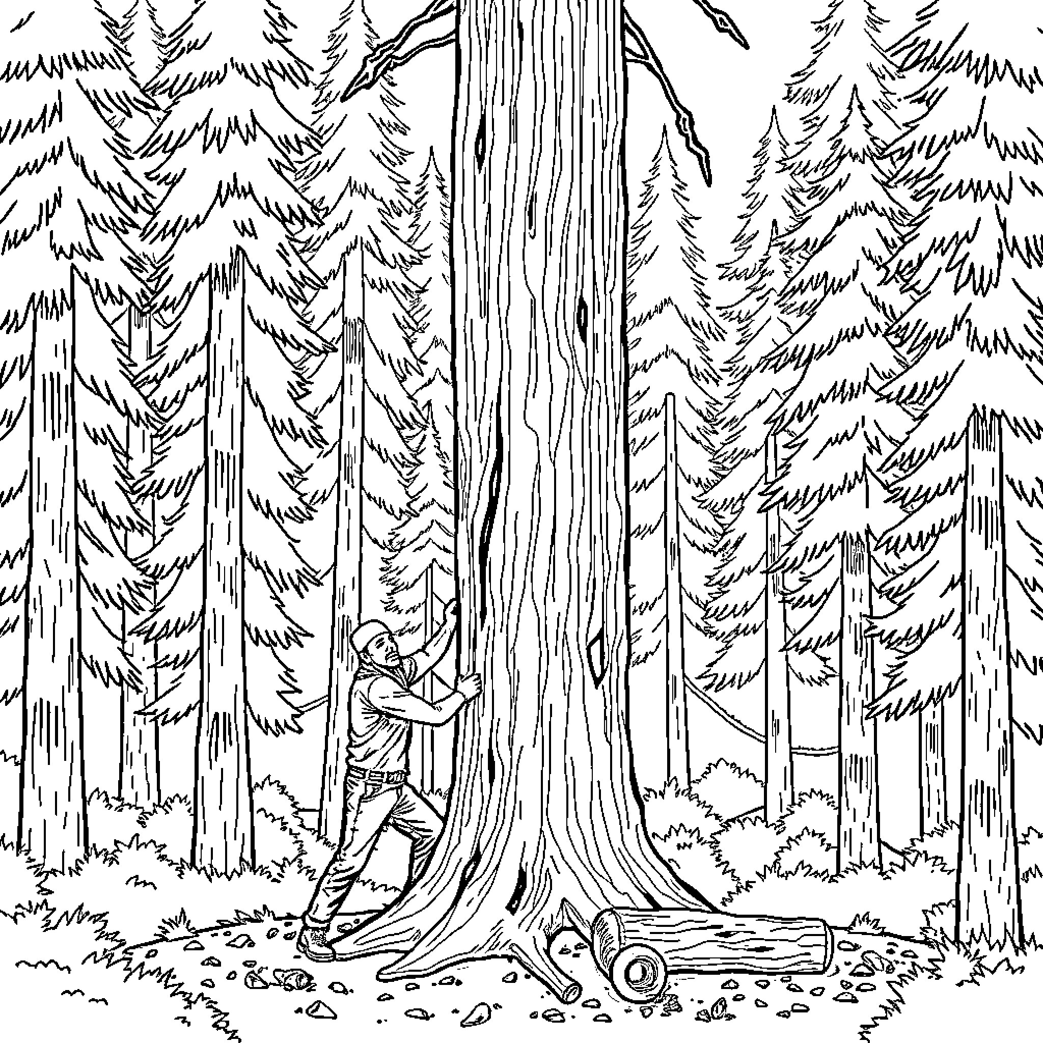 Man hugging a large tree in the forest Coloring Page (free black-and-white line drawing printable PDF for all, from beginners to advanced learners, including children, teens, adults, and seniors)
