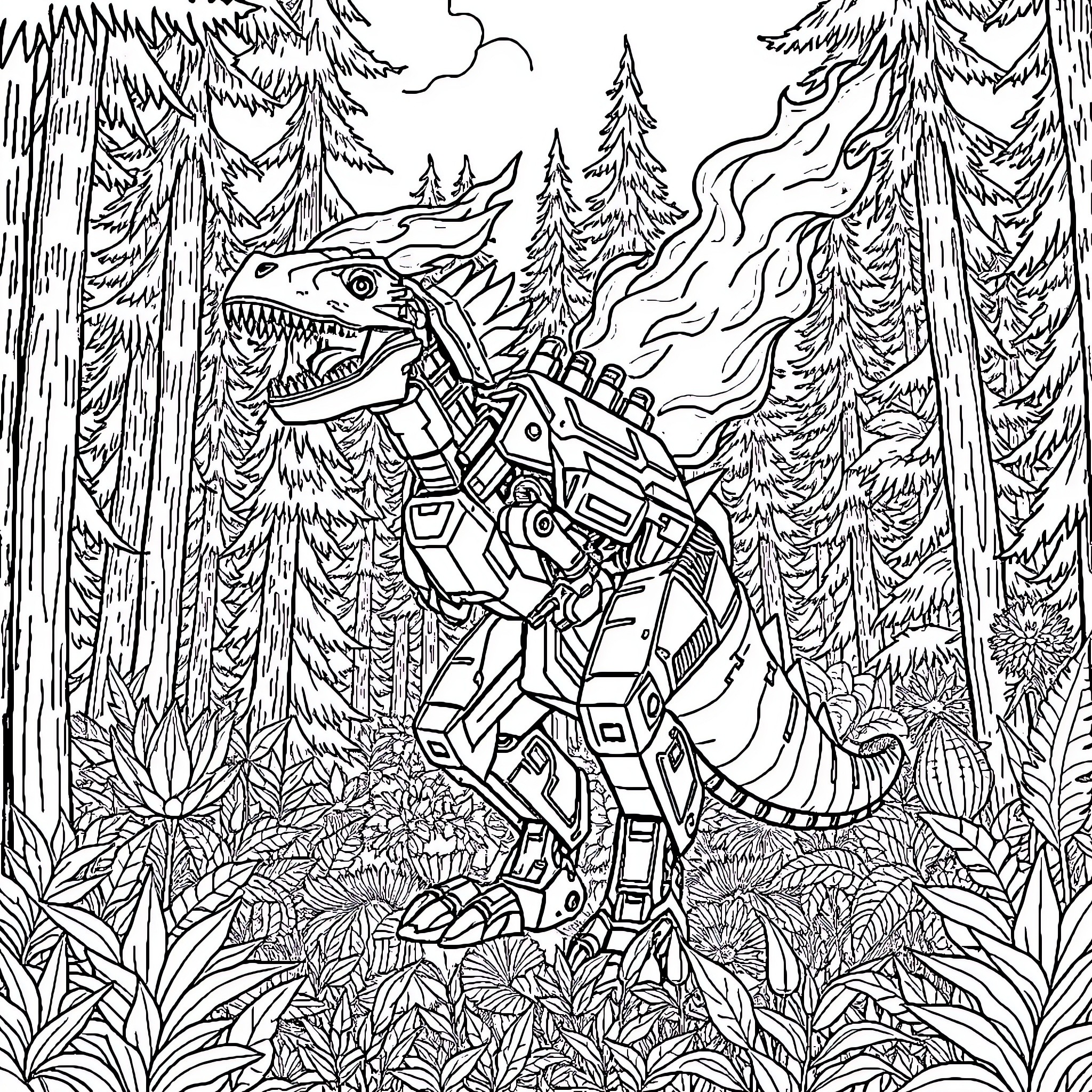 Dino Mechanical Predator in Enchanted Forest Coloring Page (free black-and-white line drawing printable PDF for all, from beginners to advanced learners, including children, teens, adults, and seniors)