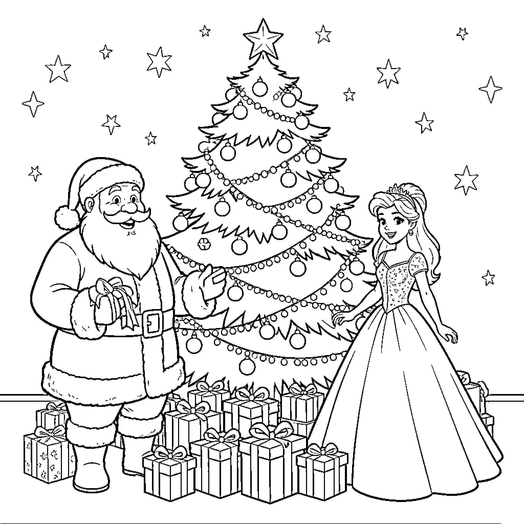 Sapin de Noël with Santa Claus and a princess Coloring Page (free black-and-white line drawing printable PDF for all, from beginners to advanced learners, including children, teens, adults, and seniors)