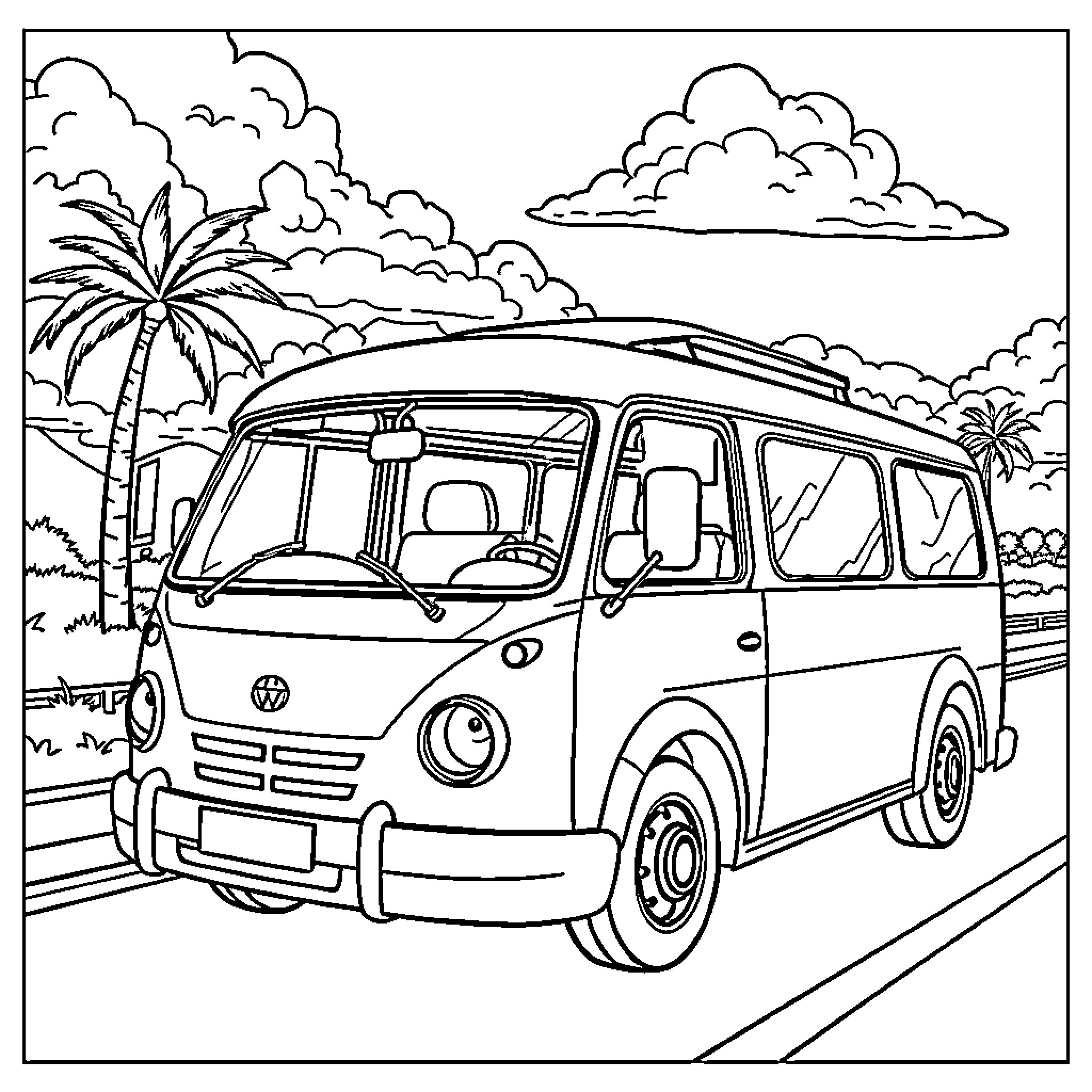 School Bus on a tropical beach vacation Coloring Page (free black-and-white line drawing printable PDF for all, from beginners to advanced learners, including children, teens, adults, and seniors)