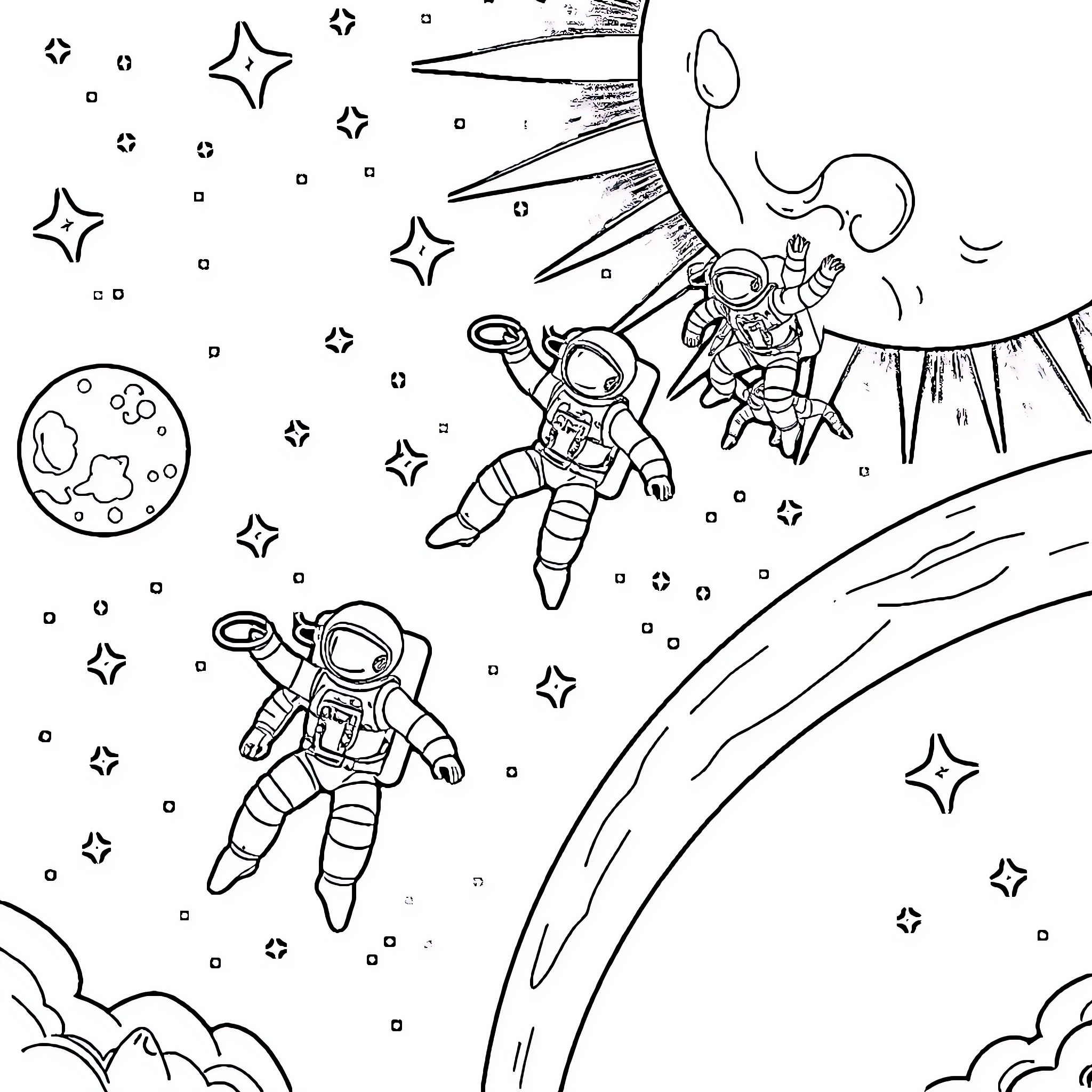 Astronauts exploring the wonders of outer space Coloring Page (free black-and-white line drawing printable PDF for all, from beginners to advanced learners, including children, teens, adults, and seniors)