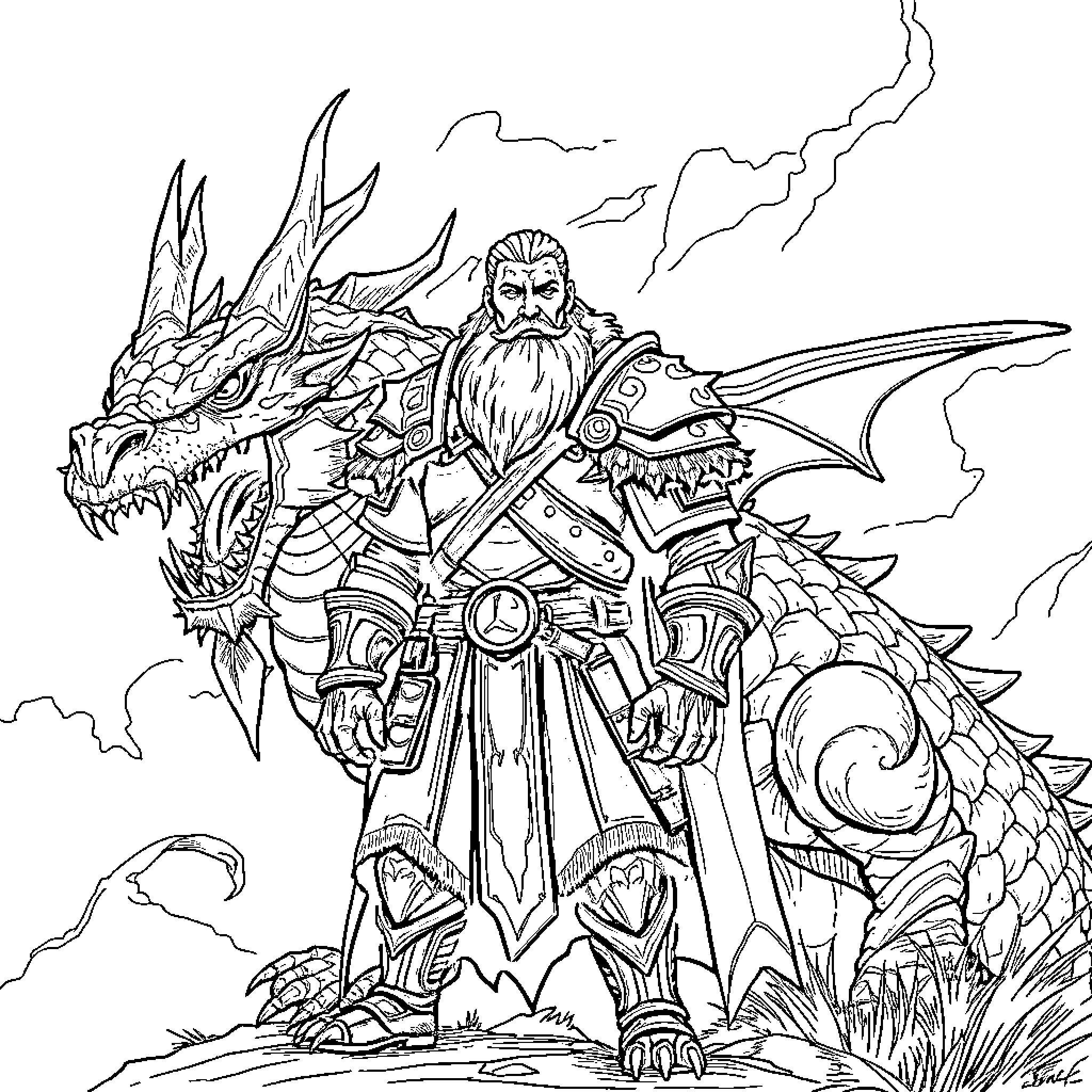 Bearded Man Riding a Fearsome Dragon in Warrior Attire Coloring Page (free black-and-white line drawing printable PDF for all, from beginners to advanced learners, including children, teens, adults, and seniors)