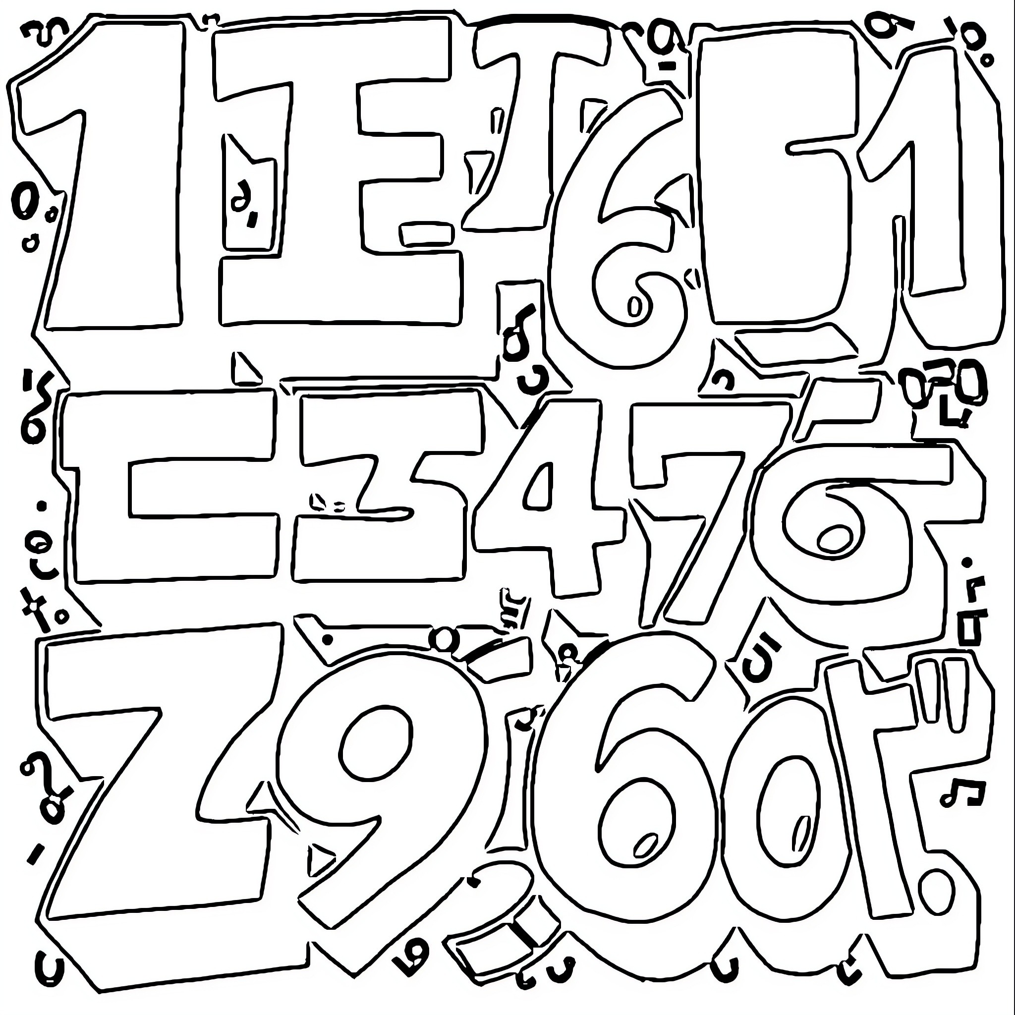 Abstract Numbers and Symbols Composition Coloring Page (free black-and-white line drawing printable PDF for all, from beginners to advanced learners, including children, teens, adults, and seniors)