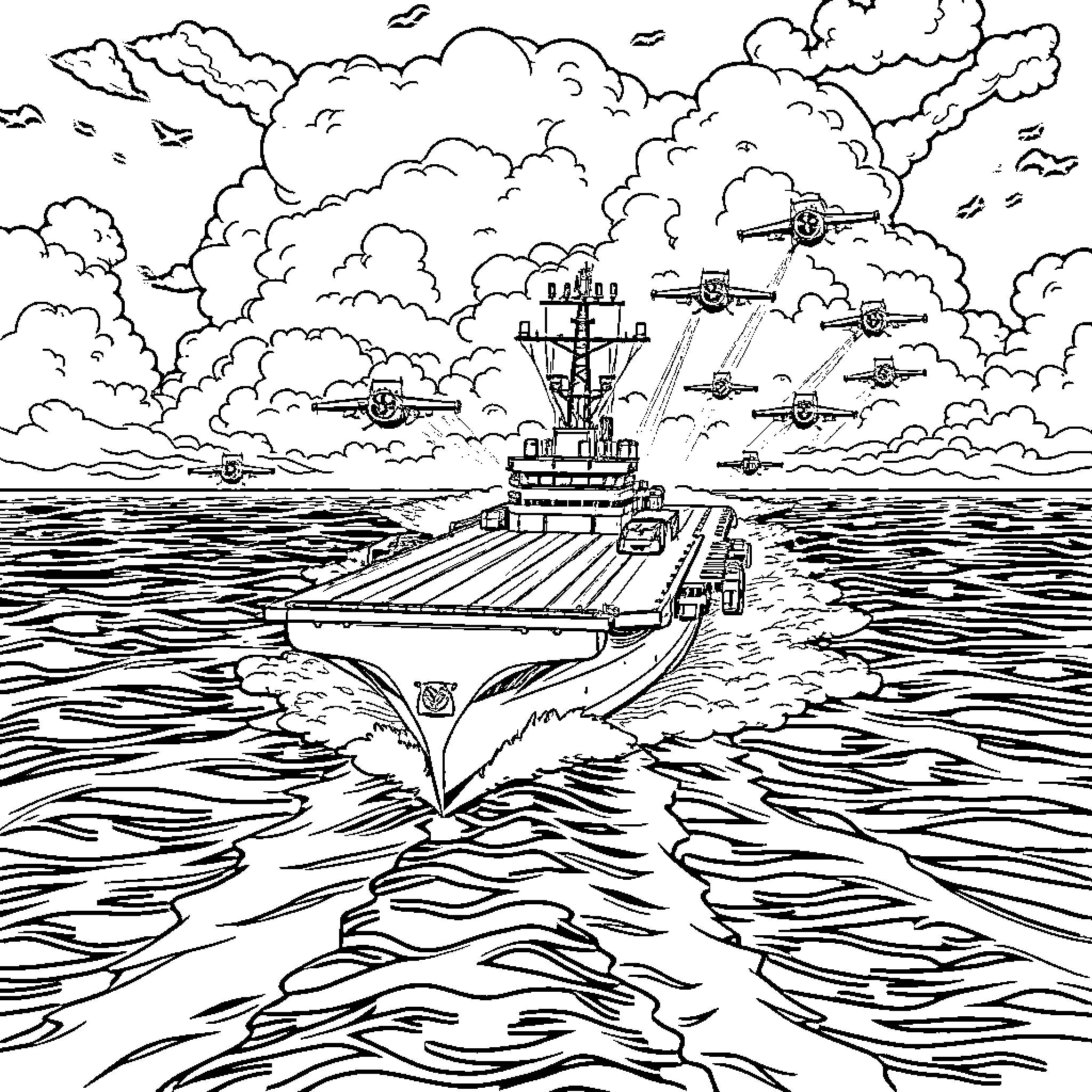 Aircraft Carrier on the Open Seas with Airplanes Coloring Page (free black-and-white line drawing printable PDF for all, from beginners to advanced learners, including children, teens, adults, and seniors)