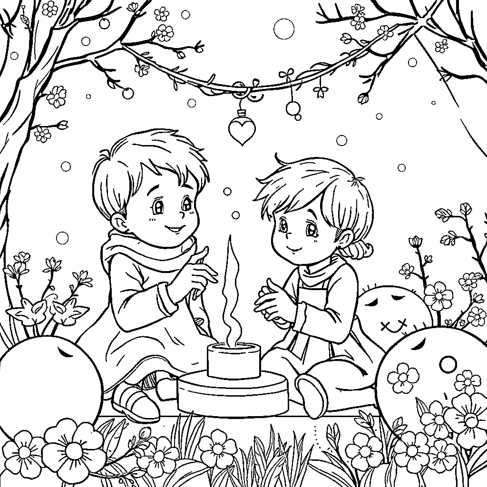 Child friends celebrating in a floral scene Coloring Page (free black-and-white line drawing printable PDF for all, from beginners to advanced learners, including children, teens, adults, and seniors)