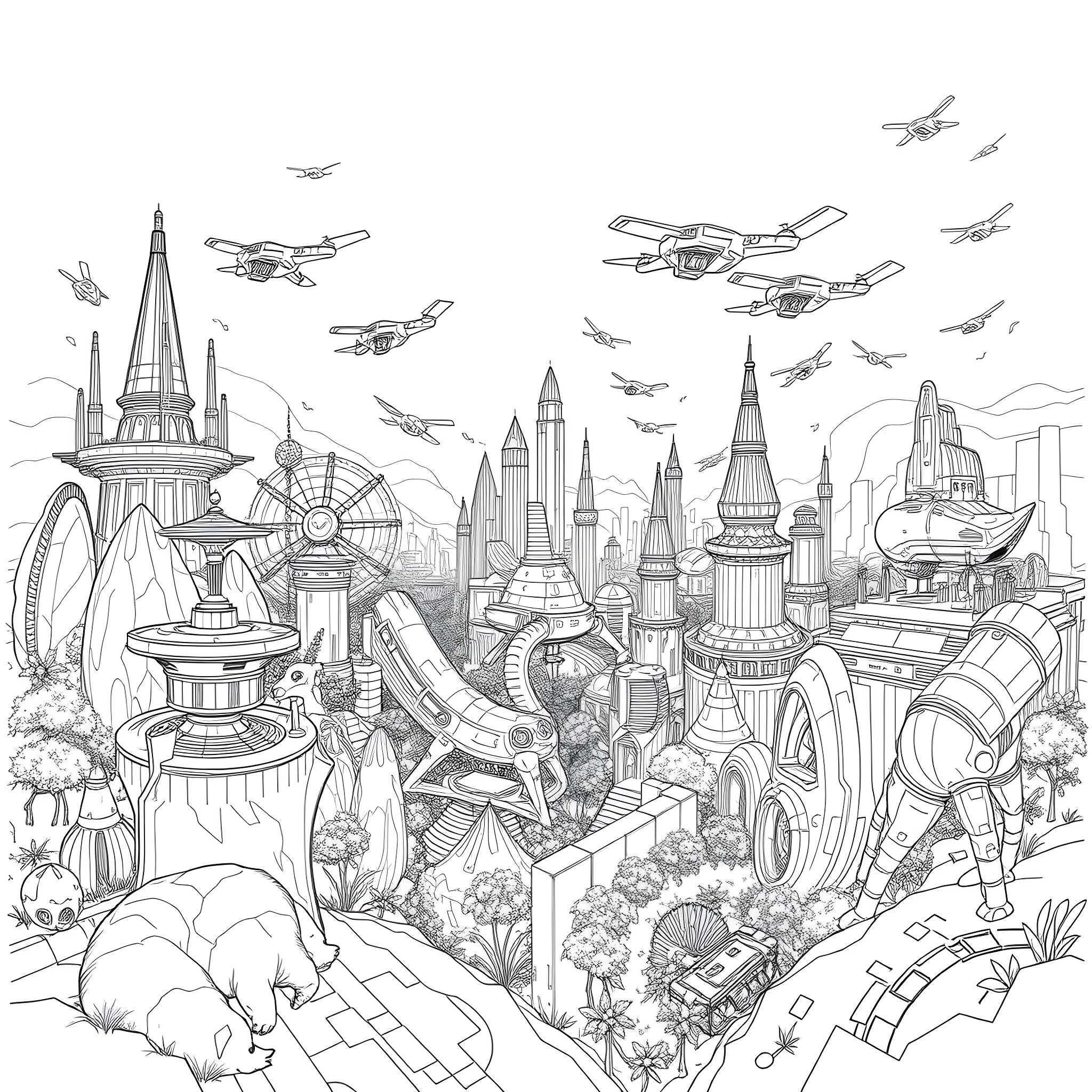 World of Intricate Futuristic Structures and Vehicles Coloring Page (free black-and-white line drawing printable PDF for all, from beginners to advanced learners, including children, teens, adults, and seniors)