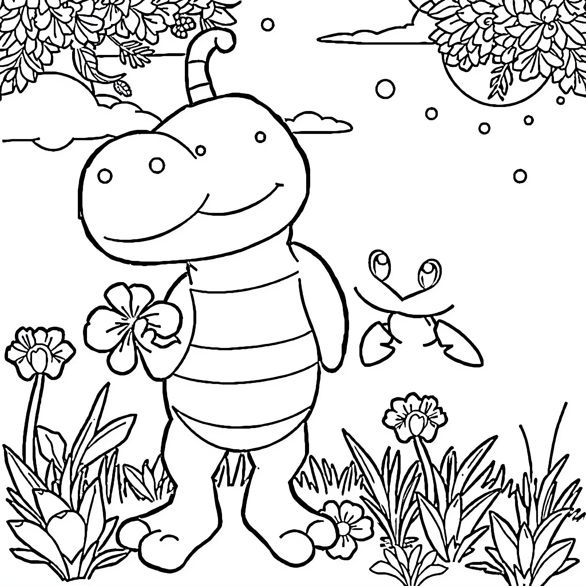Children playing with happy bees in a floral field Coloring Page (free black-and-white line drawing printable PDF for all, from beginners to advanced learners, including children, teens, adults, and seniors)