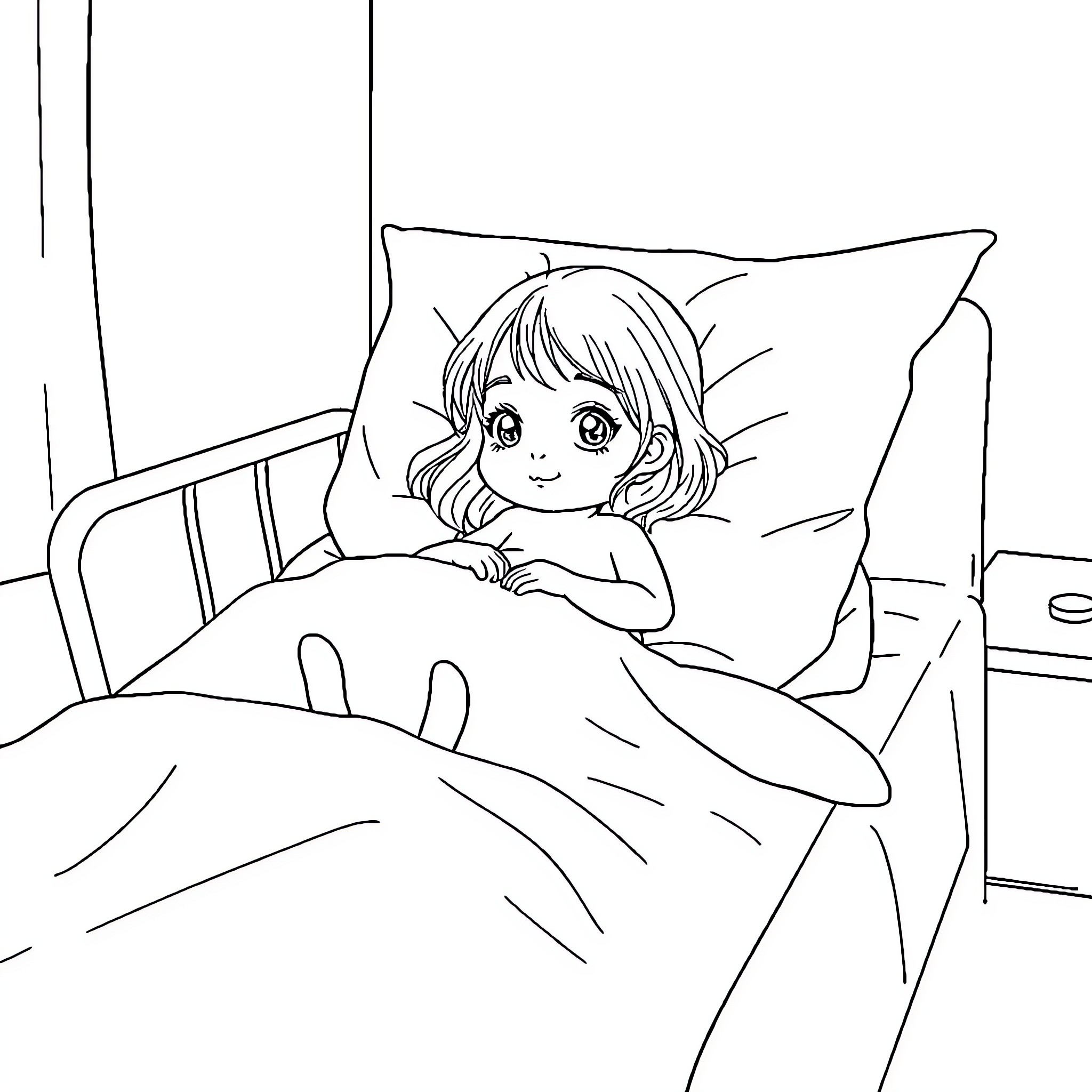 Child resting comfortably in bed Coloring Page (free black-and-white line drawing printable PDF for all, from beginners to advanced learners, including children, teens, adults, and seniors)