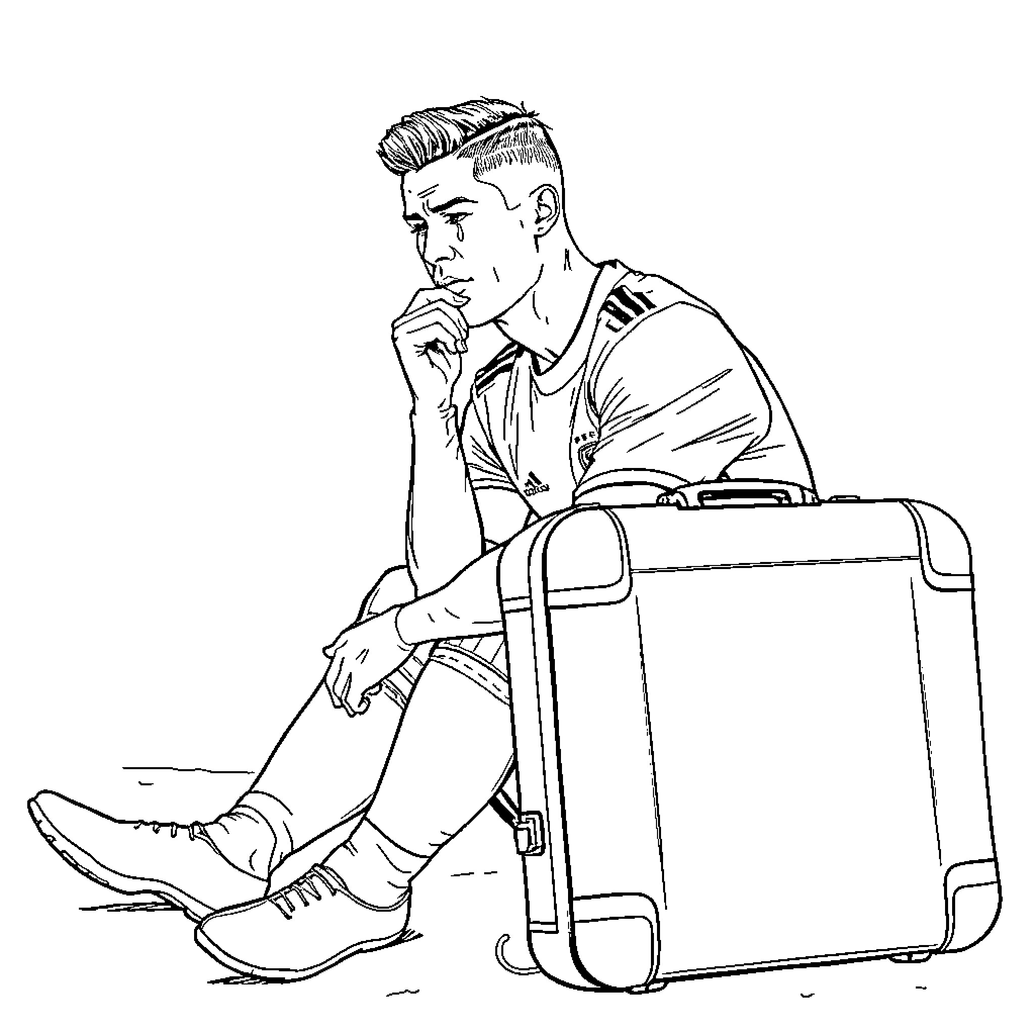 Cristiano Ronaldo sitting pensively next to a suitcase Coloring Page (free black-and-white line drawing printable PDF for all, from beginners to advanced learners, including children, teens, adults, and seniors)