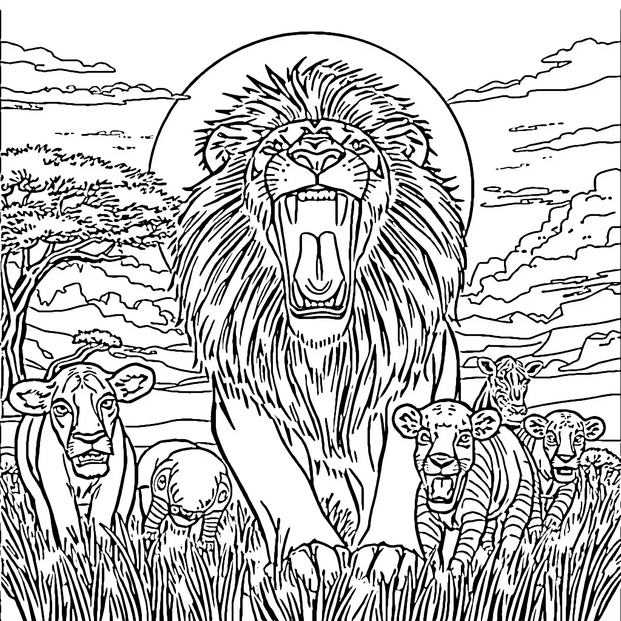 Lion roaring fiercely in the wild landscape Coloring Page (free black-and-white line drawing printable PDF for all, from beginners to advanced learners, including children, teens, adults, and seniors)