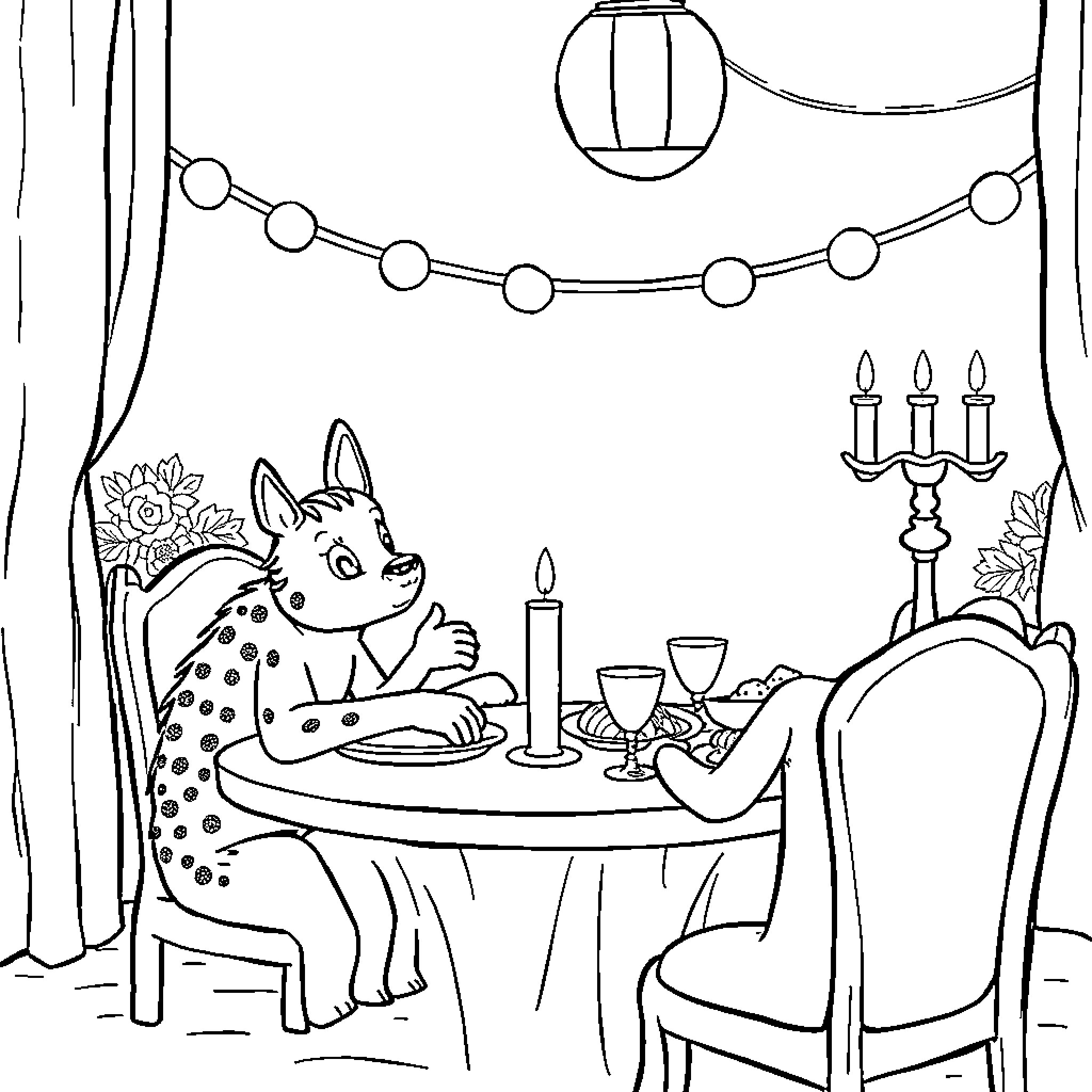 Huntrix's Festive Feast: A Whimsical Dining Scene Coloring Page (free black-and-white line drawing printable PDF for all, from beginners to advanced learners, including children, teens, adults, and seniors)