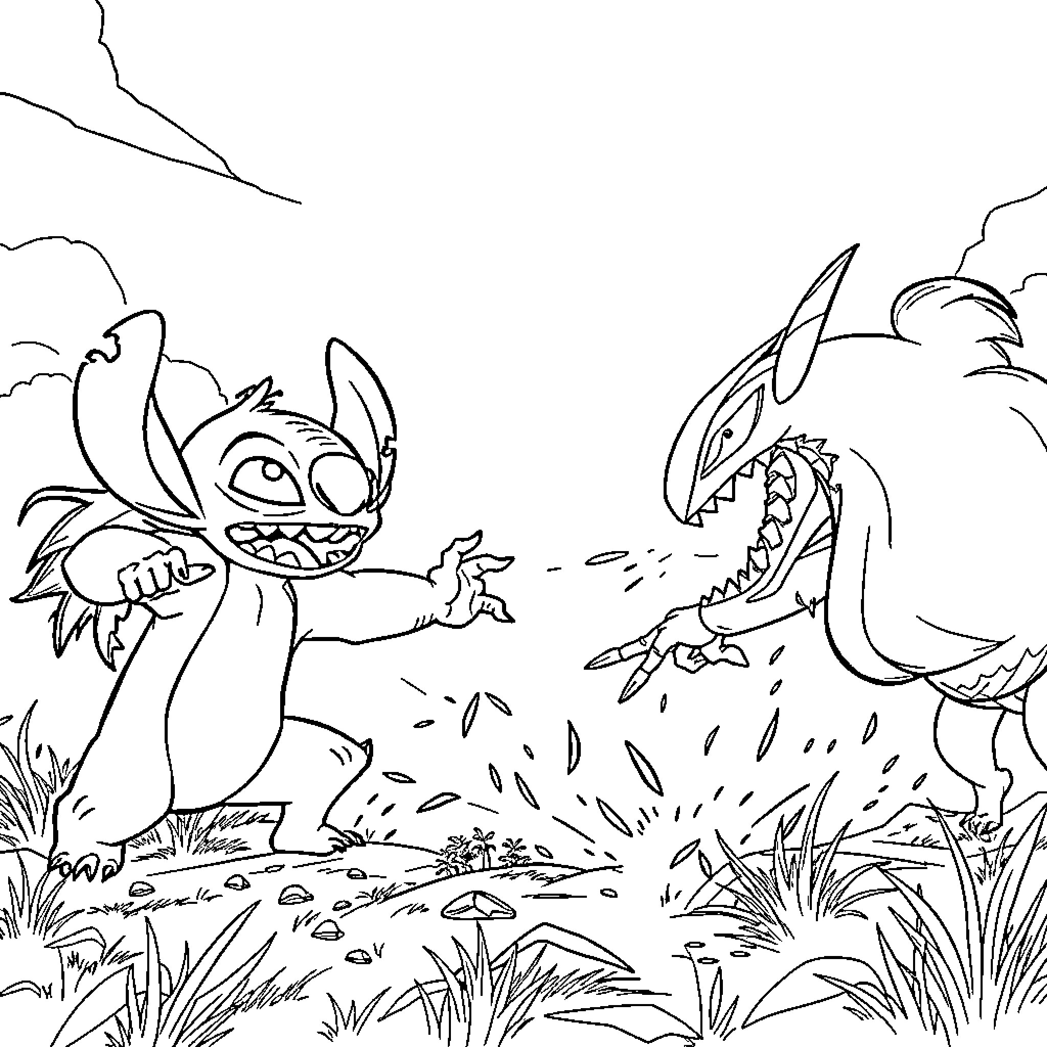 Lilo battling a ferocious creature in the wilderness Coloring Page (free black-and-white line drawing printable PDF for all, from beginners to advanced learners, including children, teens, adults, and seniors)