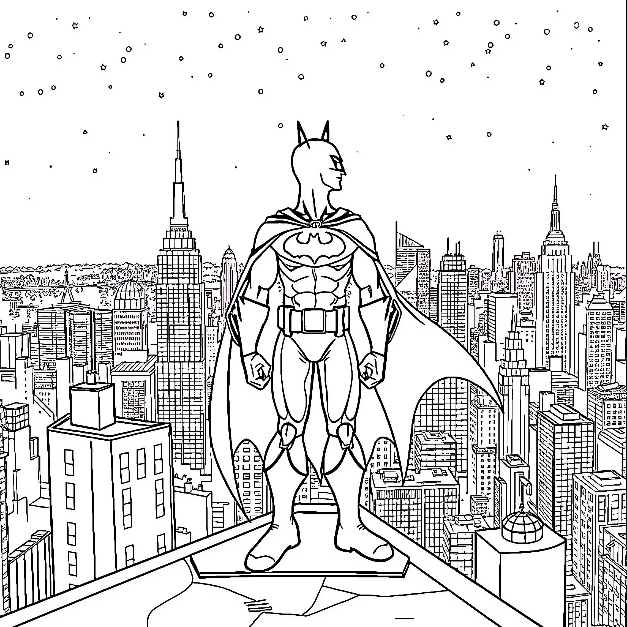 Pizza Batman overlooking the city in superhero pose Coloring Page (free black-and-white line drawing printable PDF for all, from beginners to advanced learners, including children, teens, adults, and seniors)