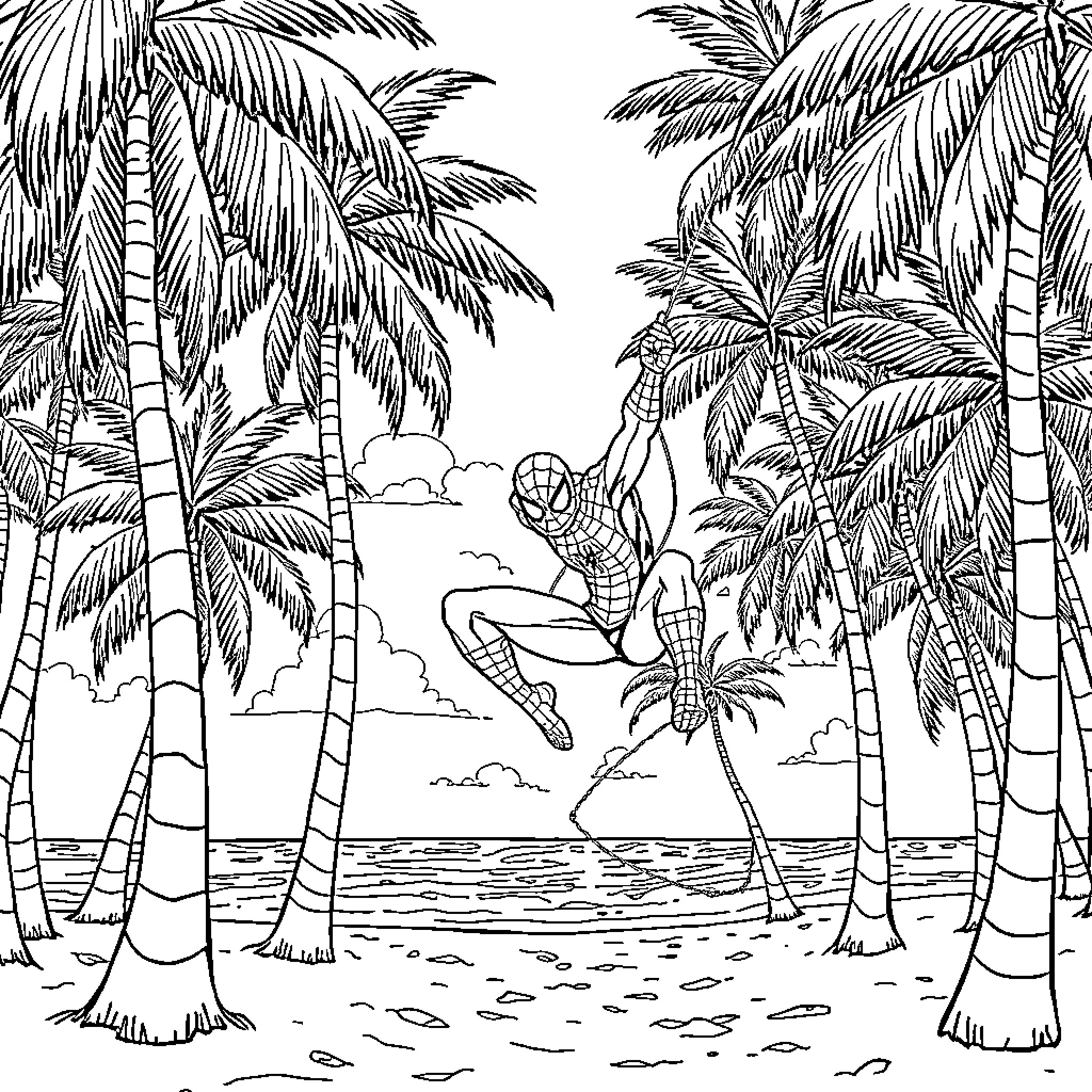 Spidey swinging through tropical paradise Coloring Page (free black-and-white line drawing printable PDF for all, from beginners to advanced learners, including children, teens, adults, and seniors)