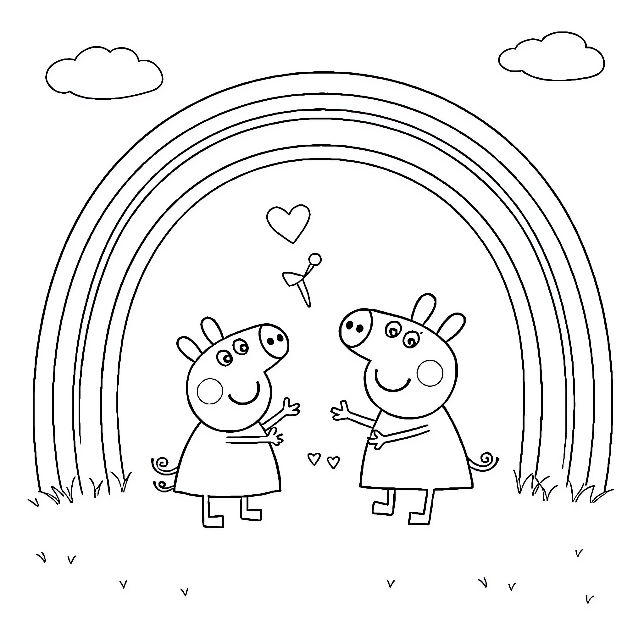 Peppa and her friend under a rainbow Coloring Page (free black-and-white line drawing printable PDF for all, from beginners to advanced learners, including children, teens, adults, and seniors)
