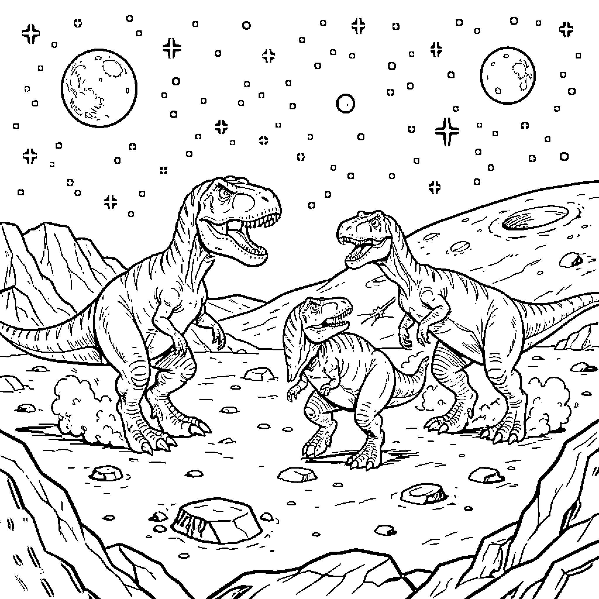 Dinosaur group interacting on a lunar surface Coloring Page (free black-and-white line drawing printable PDF for all, from beginners to advanced learners, including children, teens, adults, and seniors)