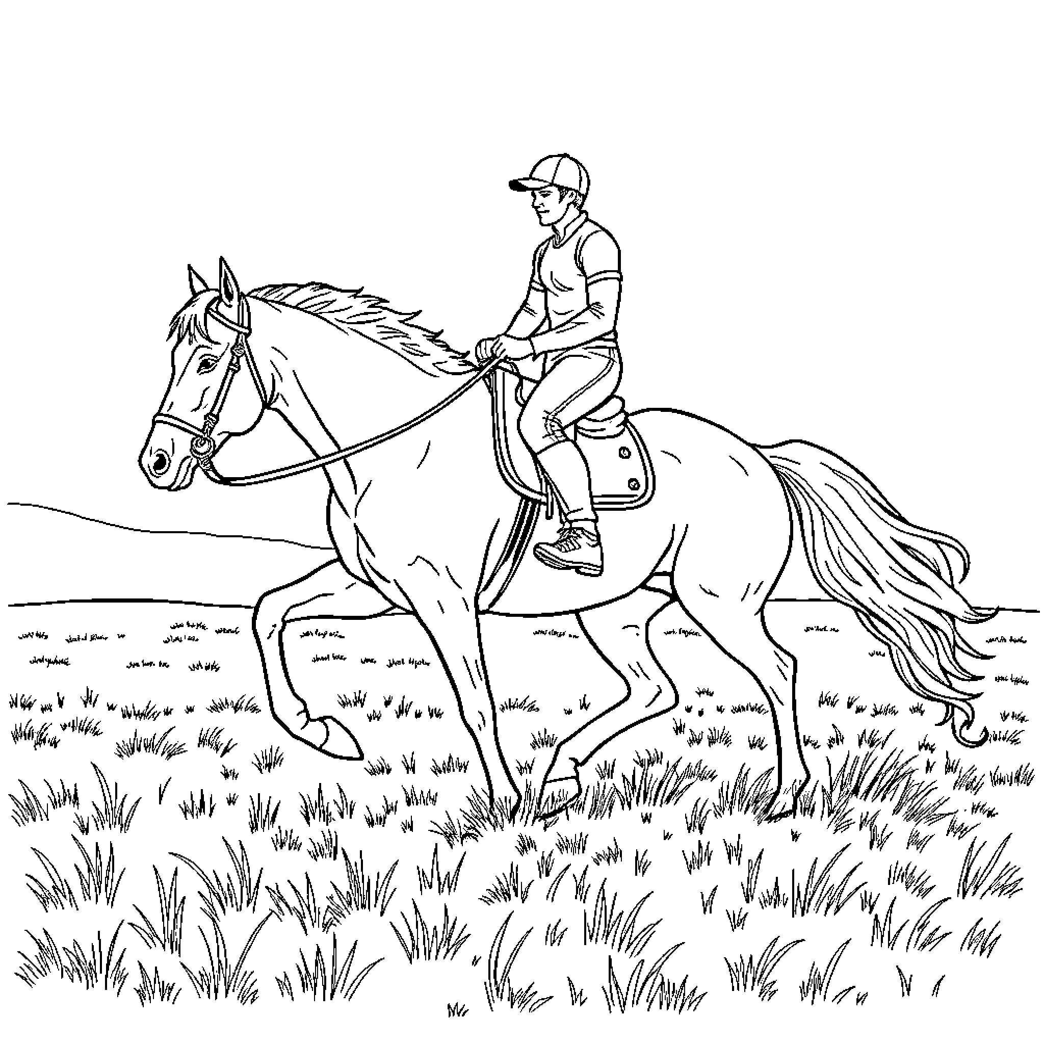 Rider competing on galloping horse in field Coloring Page (free black-and-white line drawing printable PDF for all, from beginners to advanced learners, including children, teens, adults, and seniors)