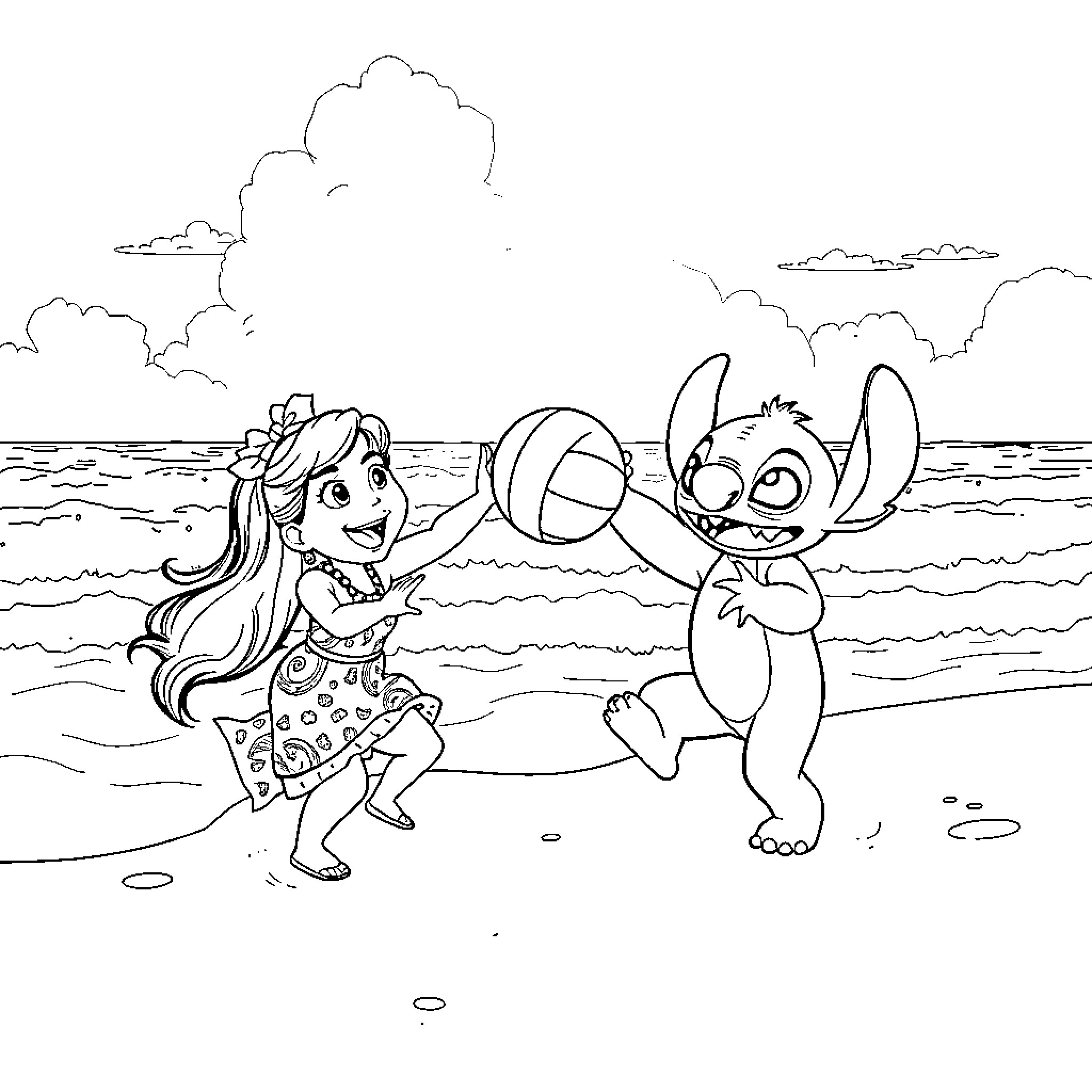 Lilo And Stitch playing at the beach Coloring Page (free black-and-white line drawing printable PDF for all, from beginners to advanced learners, including children, teens, adults, and seniors)