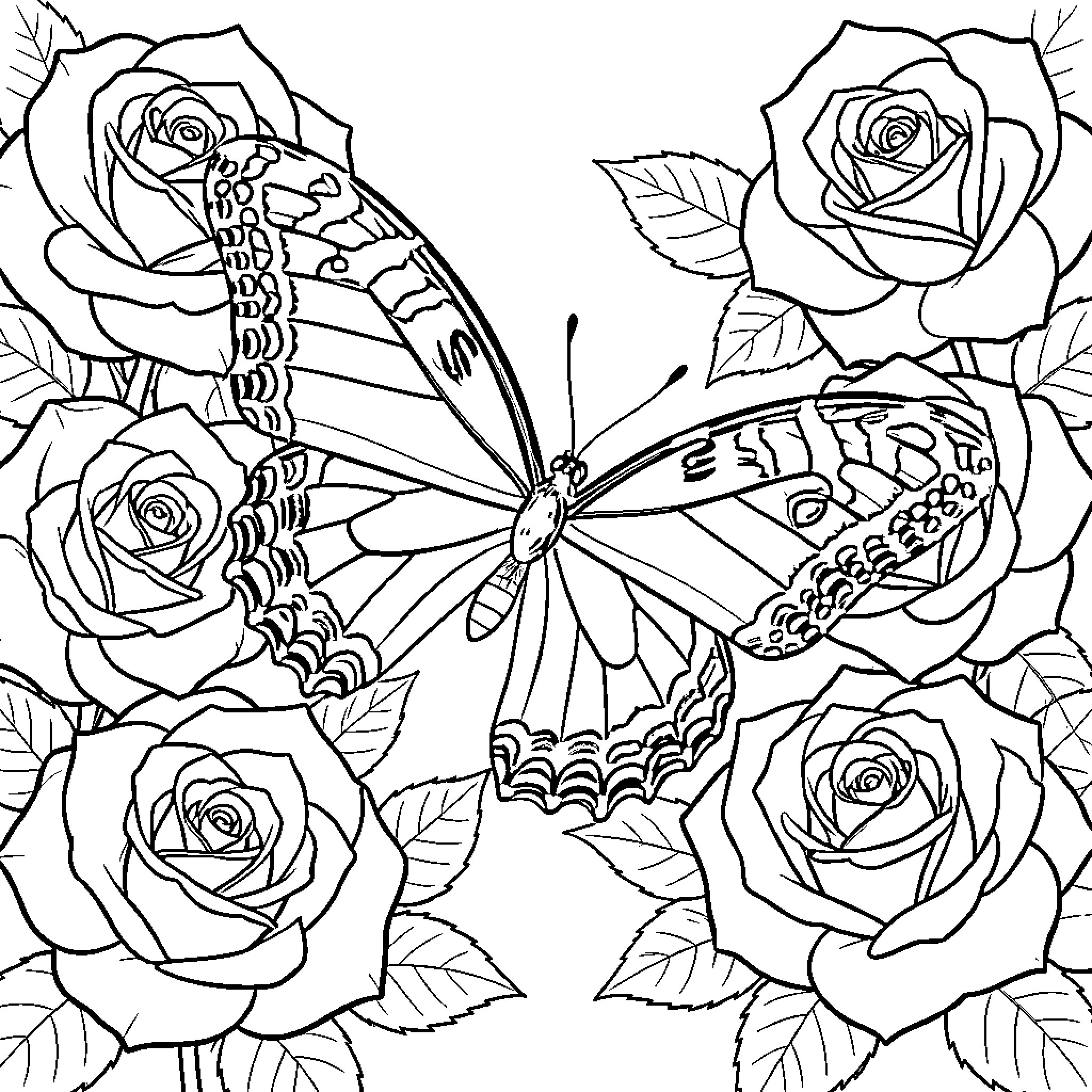 Butterfly resting gracefully among blooming roses Coloring Page (free black-and-white line drawing printable PDF for all, from beginners to advanced learners, including children, teens, adults, and seniors)