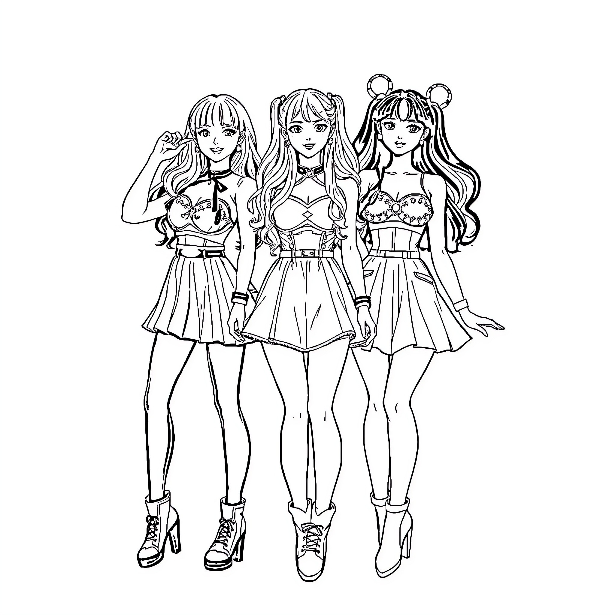 Demon Girls in Stylish Outfits Coloring Page (free black-and-white line drawing printable PDF for all, from beginners to advanced learners, including children, teens, adults, and seniors)