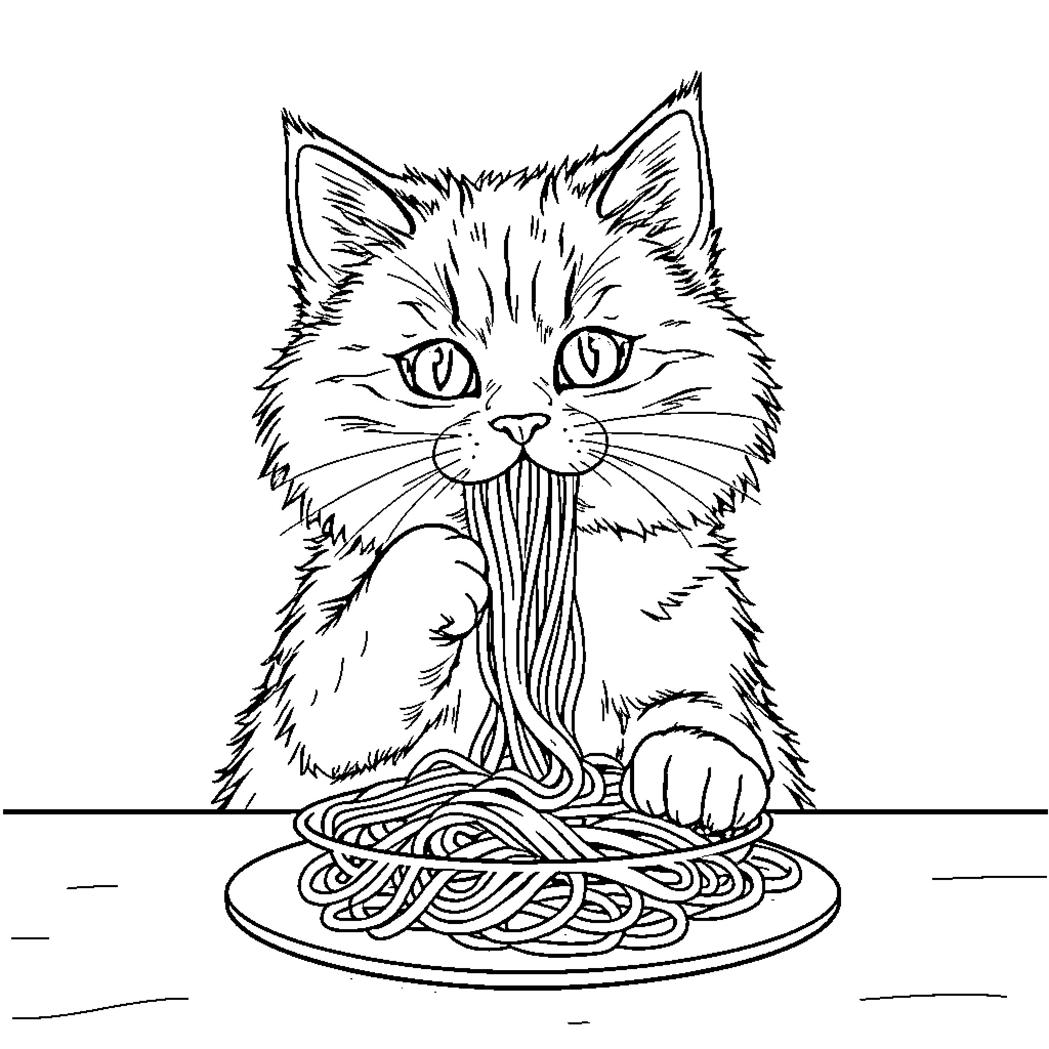 Ragdoll Cat Dining on Spaghetti Noodles Coloring Page (free black-and-white line drawing printable PDF for all, from beginners to advanced learners, including children, teens, adults, and seniors)