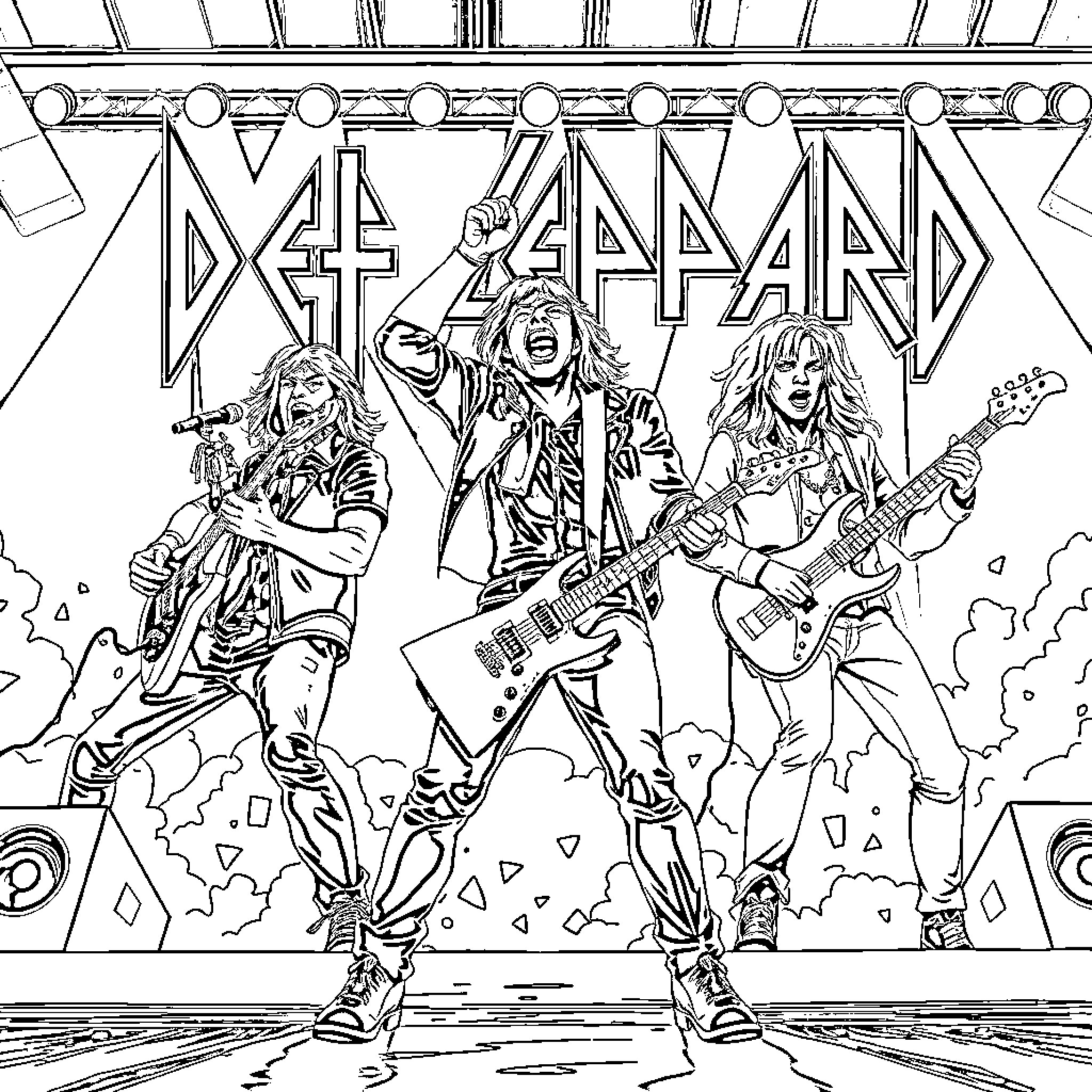 Leopard rock band performing energetically on stage Coloring Page (free black-and-white line drawing printable PDF for all, from beginners to advanced learners, including children, teens, adults, and seniors)