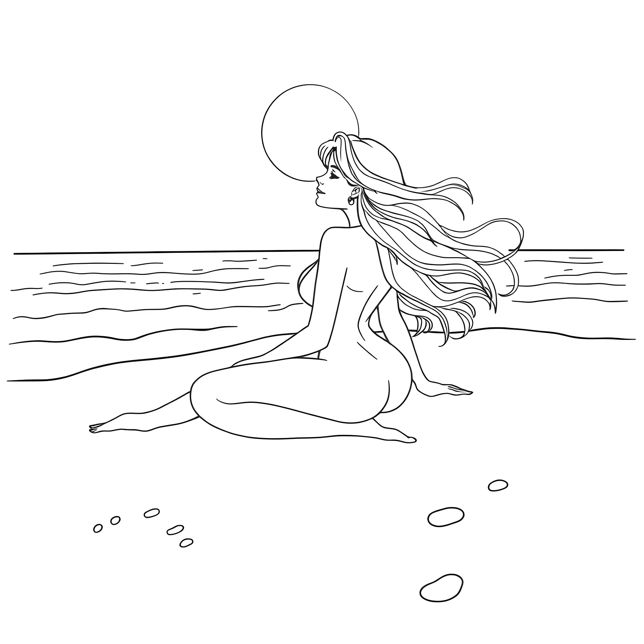 Woman meditating peacefully on the beach Coloring Page (free black-and-white line drawing printable PDF for all, from beginners to advanced learners, including children, teens, adults, and seniors)