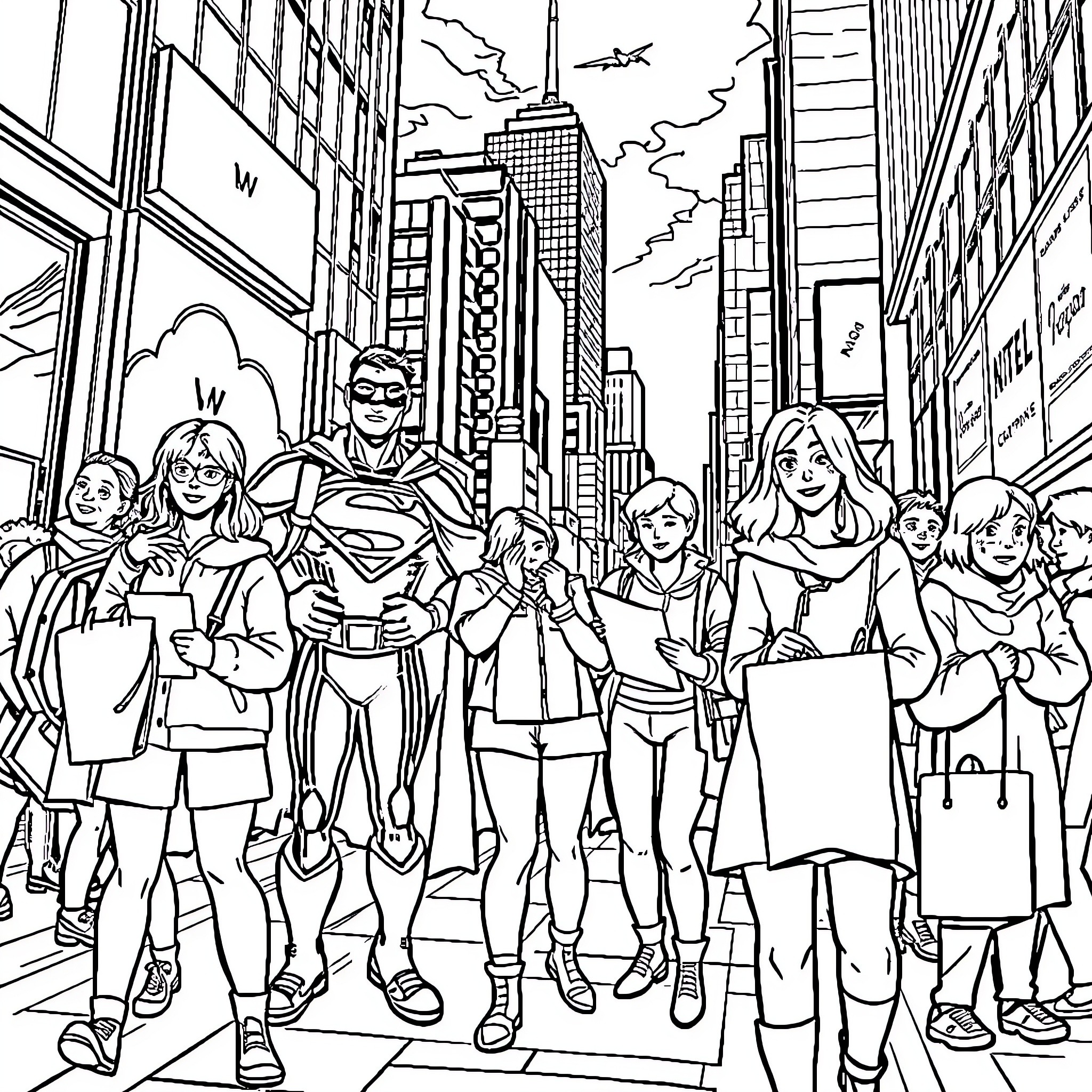 Superhero team assembles in bustling city Coloring Page (free black-and-white line drawing printable PDF for all, from beginners to advanced learners, including children, teens, adults, and seniors)