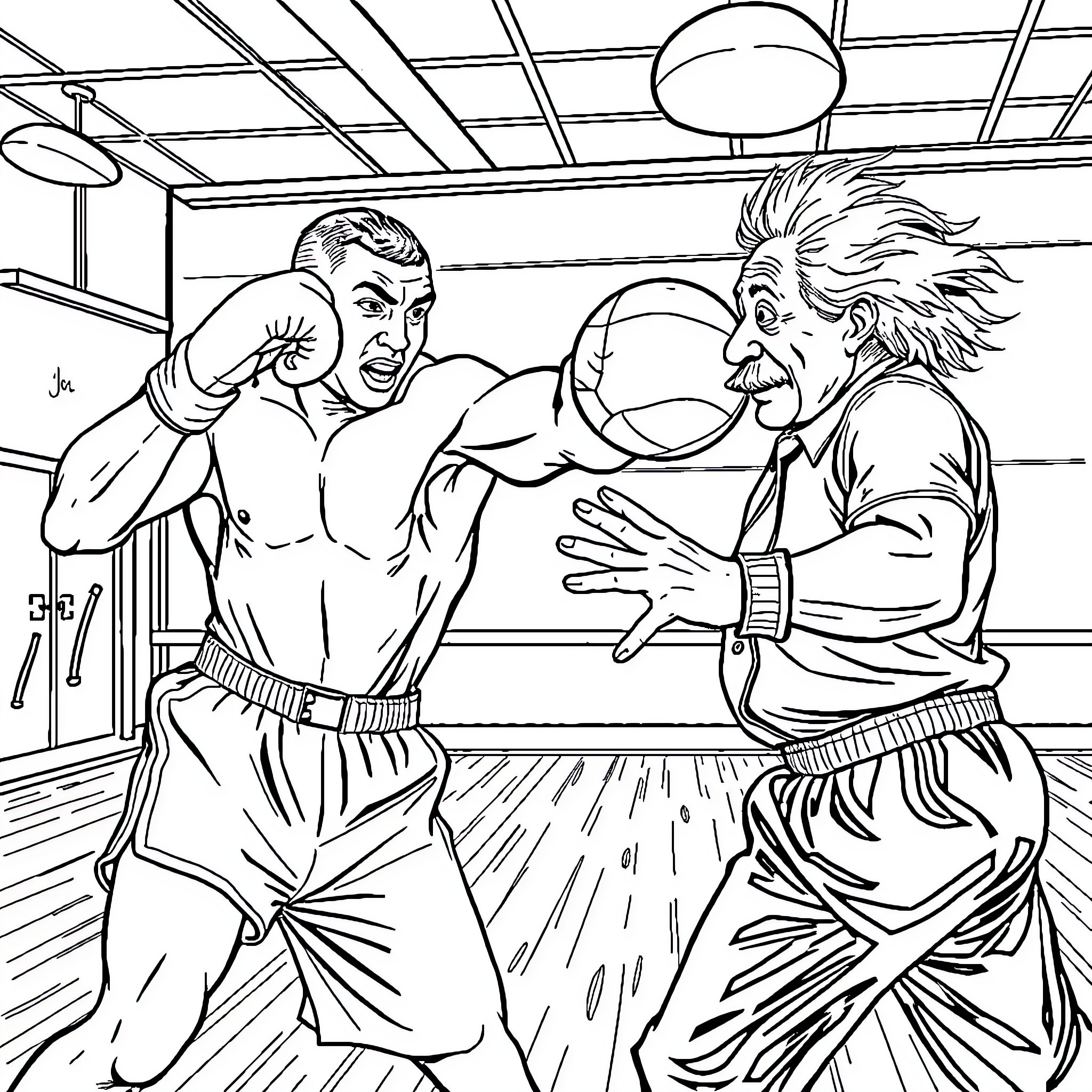 Mike Tyson sparring with animated scientist in gym Coloring Page (free black-and-white line drawing printable PDF for all, from beginners to advanced learners, including children, teens, adults, and seniors)