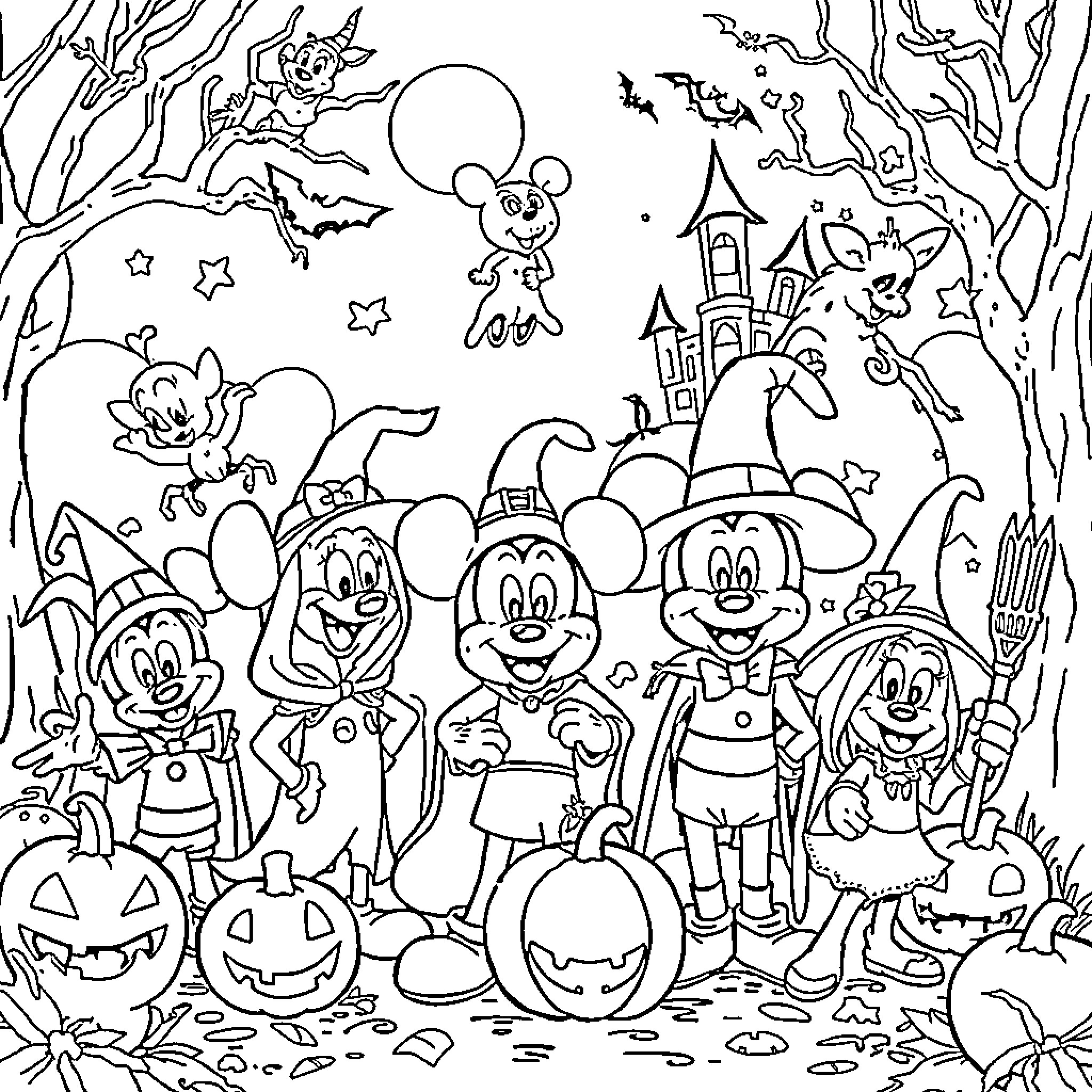 Disney Characters Celebrating Halloween in the Spooky Forest Coloring Page (free black-and-white line drawing printable PDF for all, from beginners to advanced learners, including children, teens, adults, and seniors)
