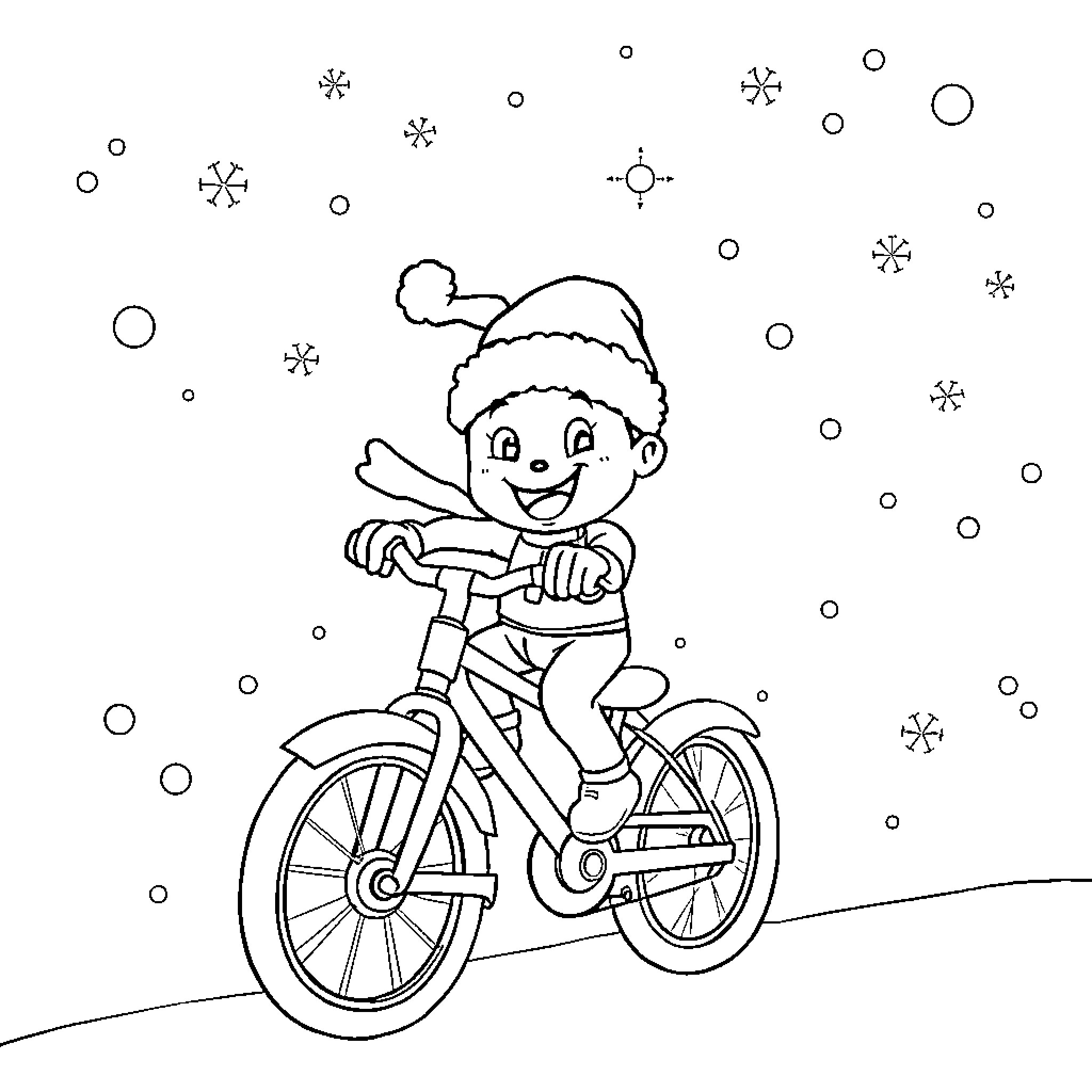 Bluey riding bicycle in winter wonderland Coloring Page (free black-and-white line drawing printable PDF for all, from beginners to advanced learners, including children, teens, adults, and seniors)