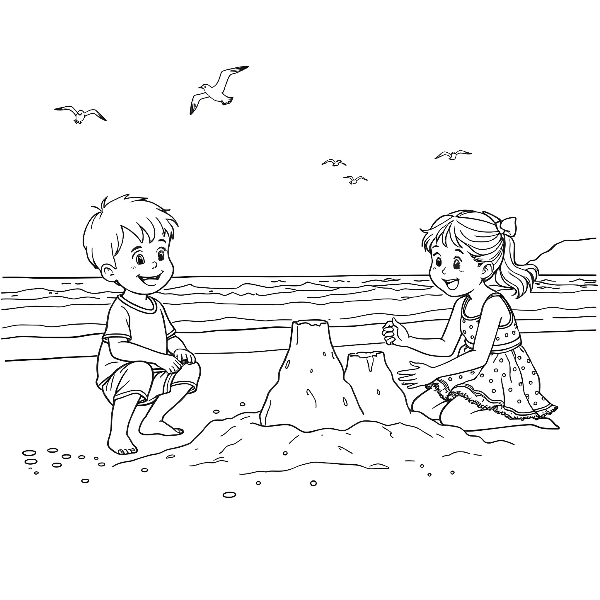 Children playing on the beach with sand castle Coloring Page (free black-and-white line drawing printable PDF for all, from beginners to advanced learners, including children, teens, adults, and seniors)