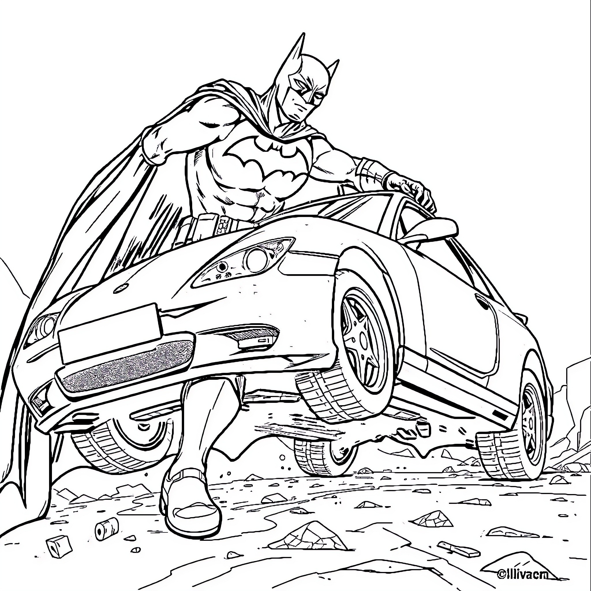 Batman surveying a damaged vehicle in action Coloring Page (free black-and-white line drawing printable PDF for all, from beginners to advanced learners, including children, teens, adults, and seniors)