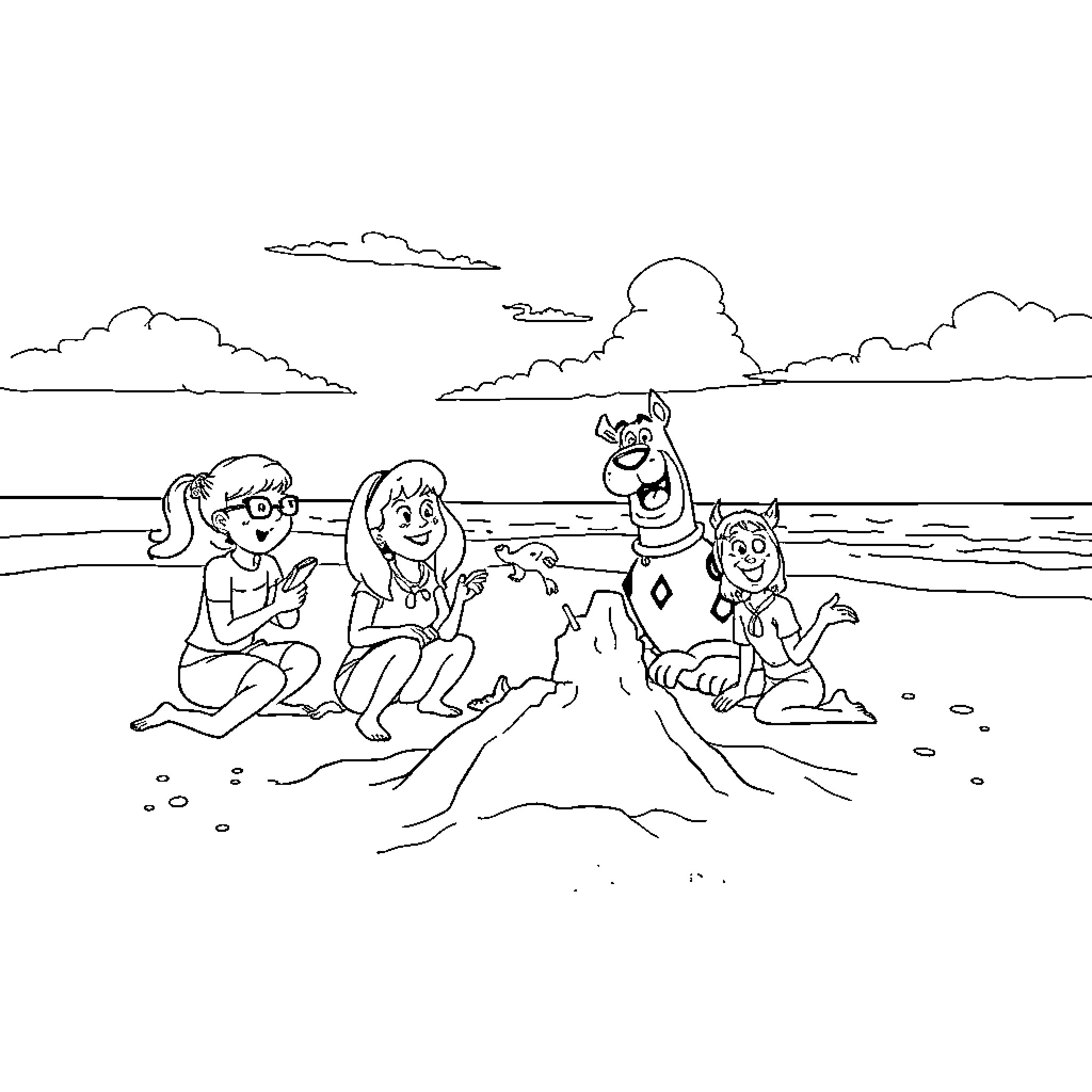 Scooby Gang having fun at the beach Coloring Page (free black-and-white line drawing printable PDF for all, from beginners to advanced learners, including children, teens, adults, and seniors)