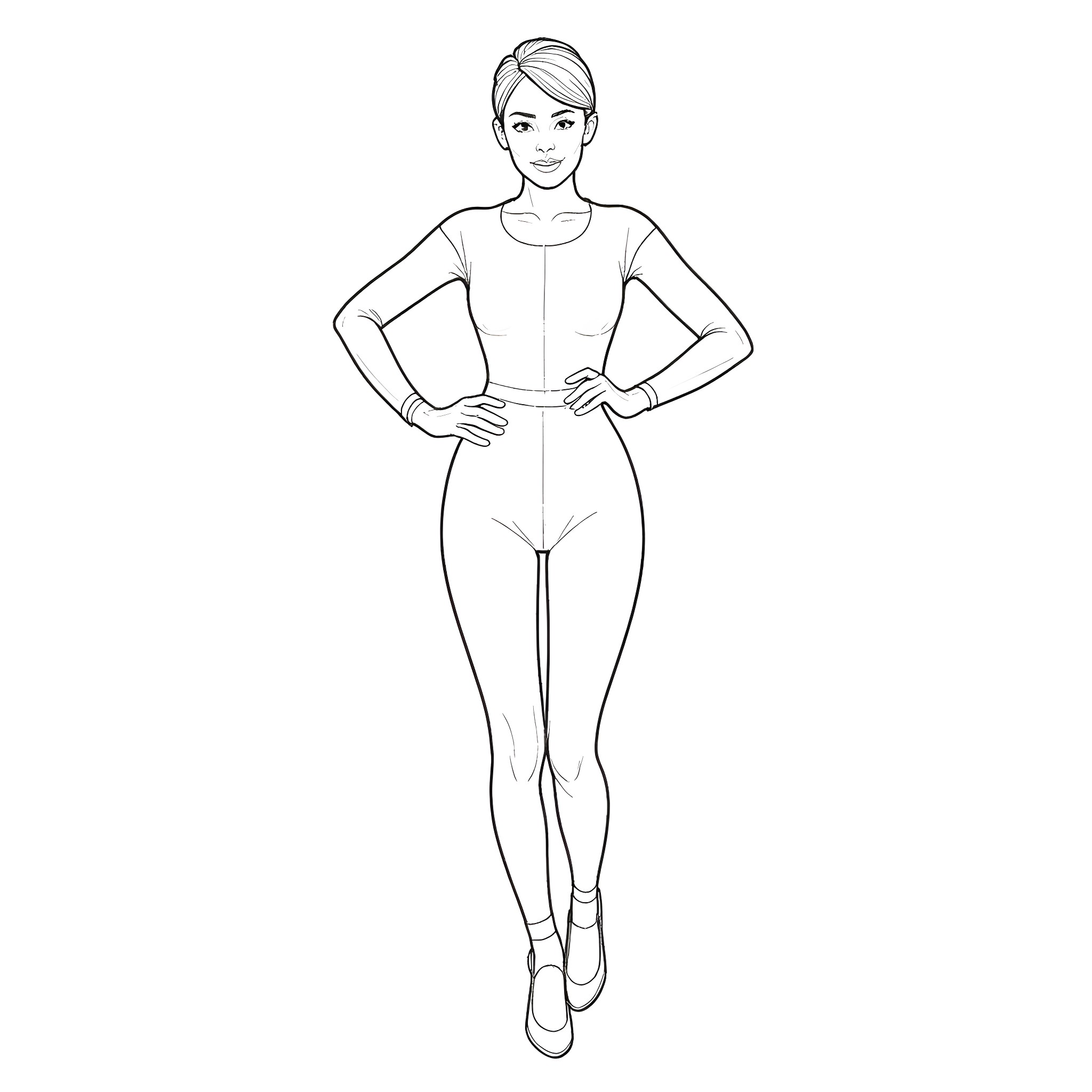 Woman in athletic leotard standing with hands on hips Coloring Page (free black-and-white line drawing printable PDF for all, from beginners to advanced learners, including children, teens, adults, and seniors)