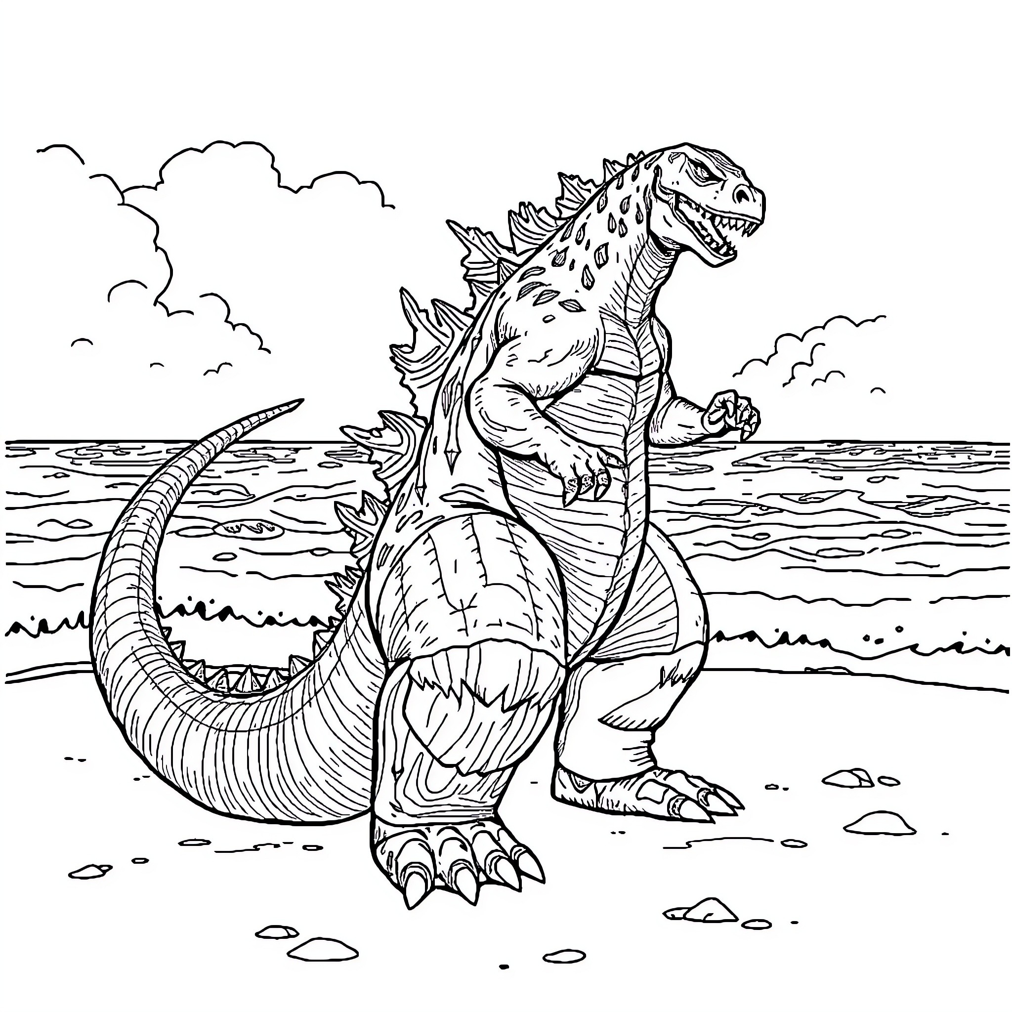 Godzilla Stomping Across the Coastline Coloring Page (free black-and-white line drawing printable PDF for all, from beginners to advanced learners, including children, teens, adults, and seniors)