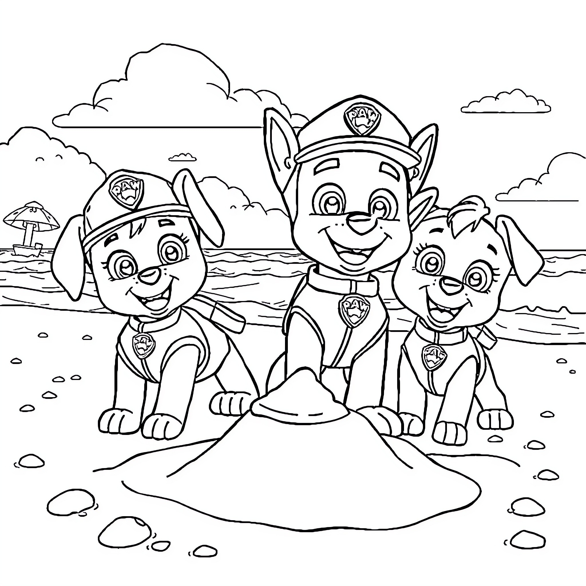 Paw Patrol Pups Explore the Seaside Coloring Page (free black-and-white line drawing printable PDF for all, from beginners to advanced learners, including children, teens, adults, and seniors)