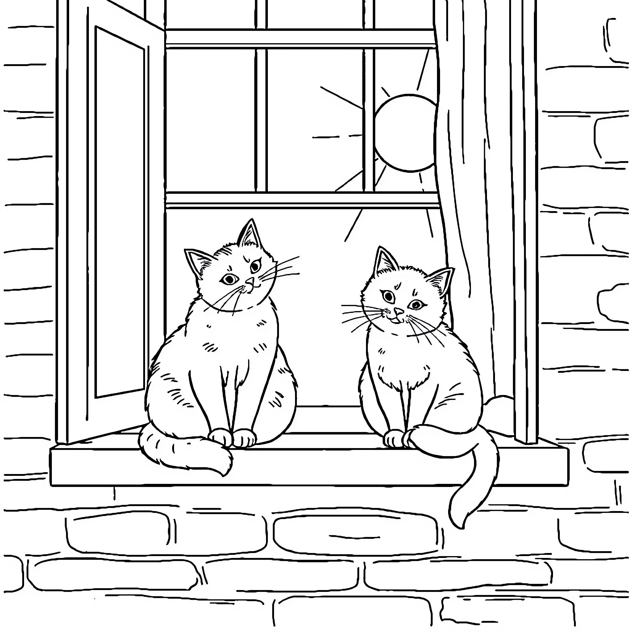 Cats Resting on Window Sill Coloring Page (free black-and-white line drawing printable PDF for all, from beginners to advanced learners, including children, teens, adults, and seniors)