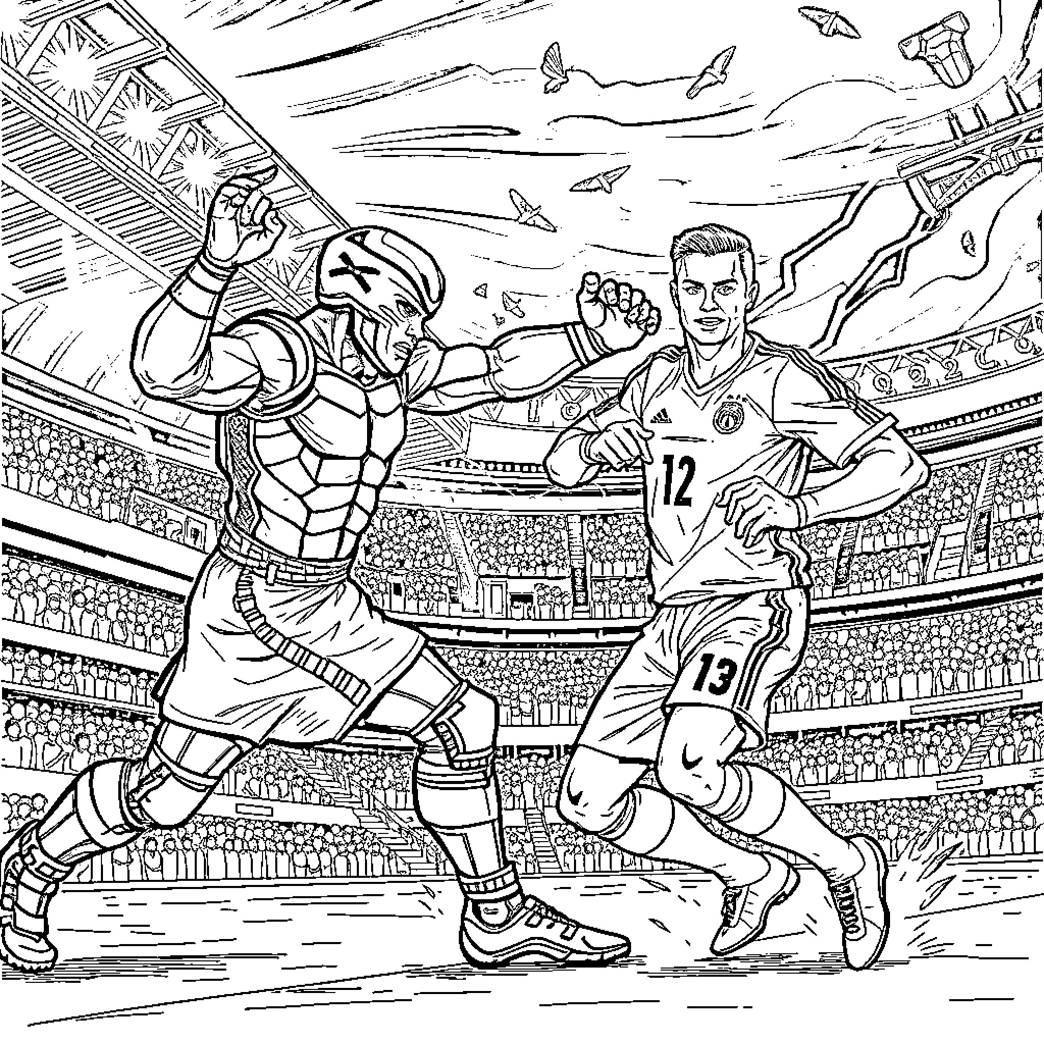 Mk Scorpion Soccer Players Clash on Field Coloring Page (free black-and-white line drawing printable PDF for all, from beginners to advanced learners, including children, teens, adults, and seniors)