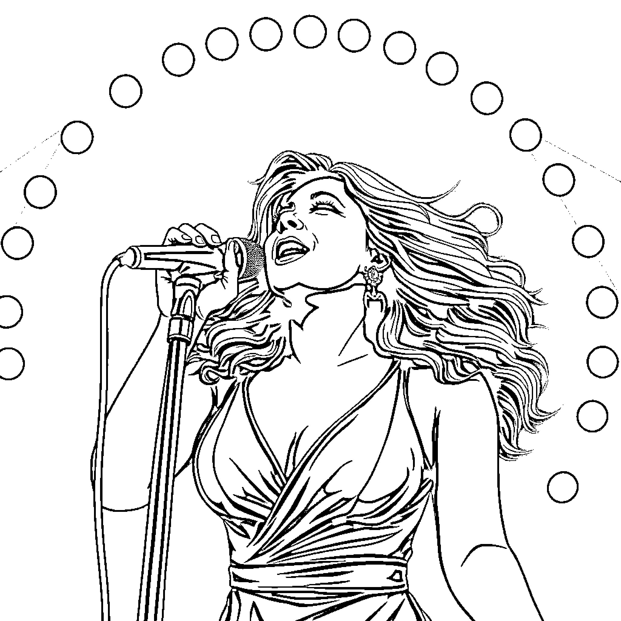 Mariah Carey Performing Passionately on Stage Coloring Page (free black-and-white line drawing printable PDF for all, from beginners to advanced learners, including children, teens, adults, and seniors)