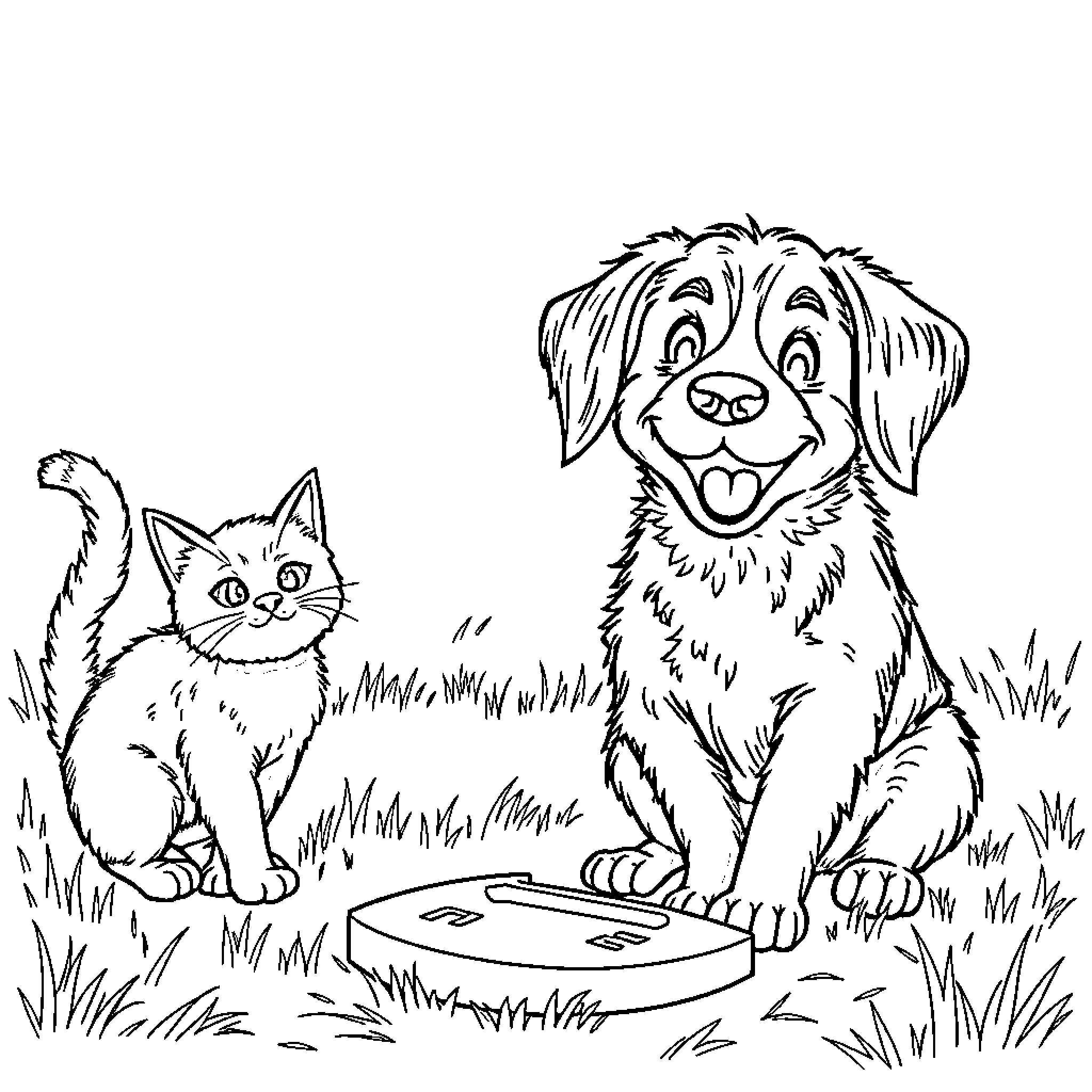 Dog and cat playing together in the yard Coloring Page (free black-and-white line drawing printable PDF for all, from beginners to advanced learners, including children, teens, adults, and seniors)