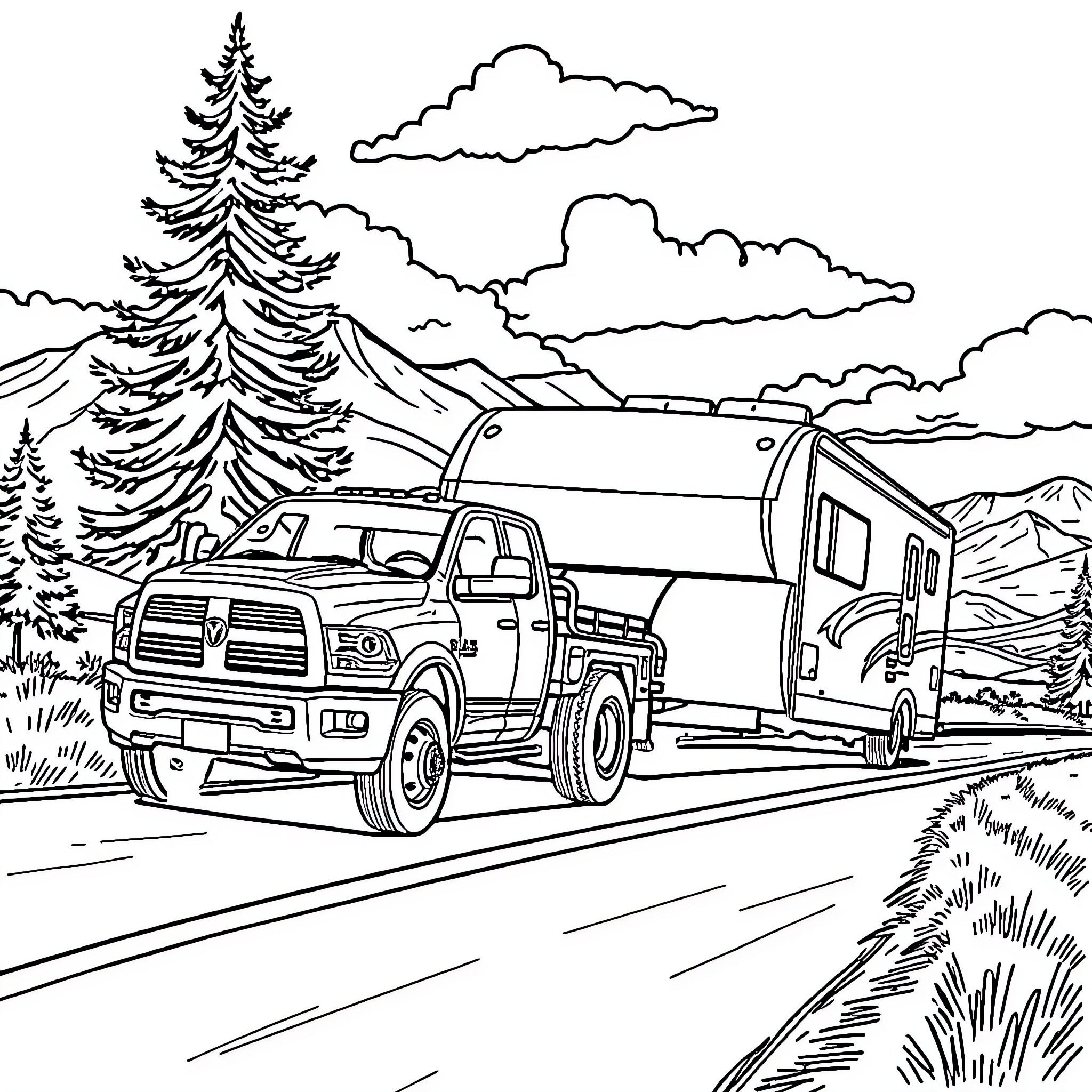 Truck Transporting Camper on Mountain Road Coloring Page (free black-and-white line drawing printable PDF for all, from beginners to advanced learners, including children, teens, adults, and seniors)