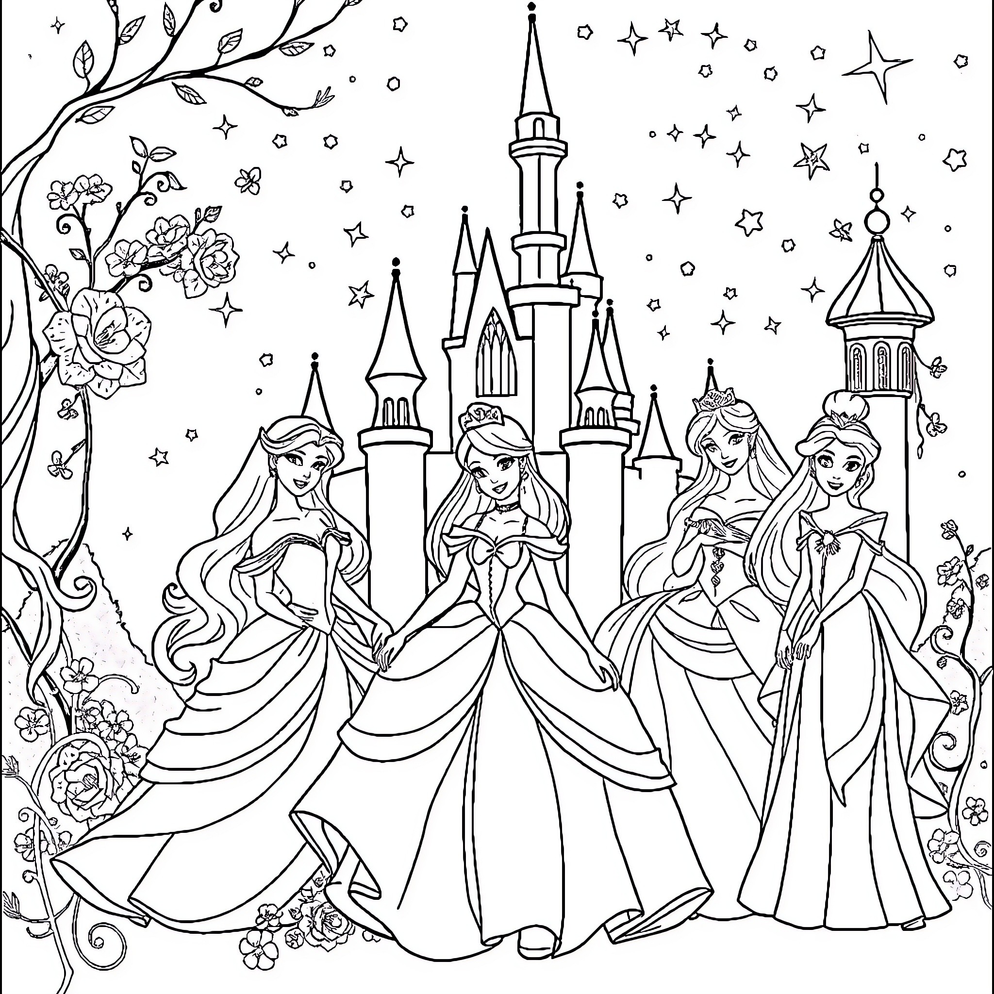 Princess Fairytale Castle Scene with Elegant Gowns Coloring Page (free black-and-white line drawing printable PDF for all, from beginners to advanced learners, including children, teens, adults, and seniors)