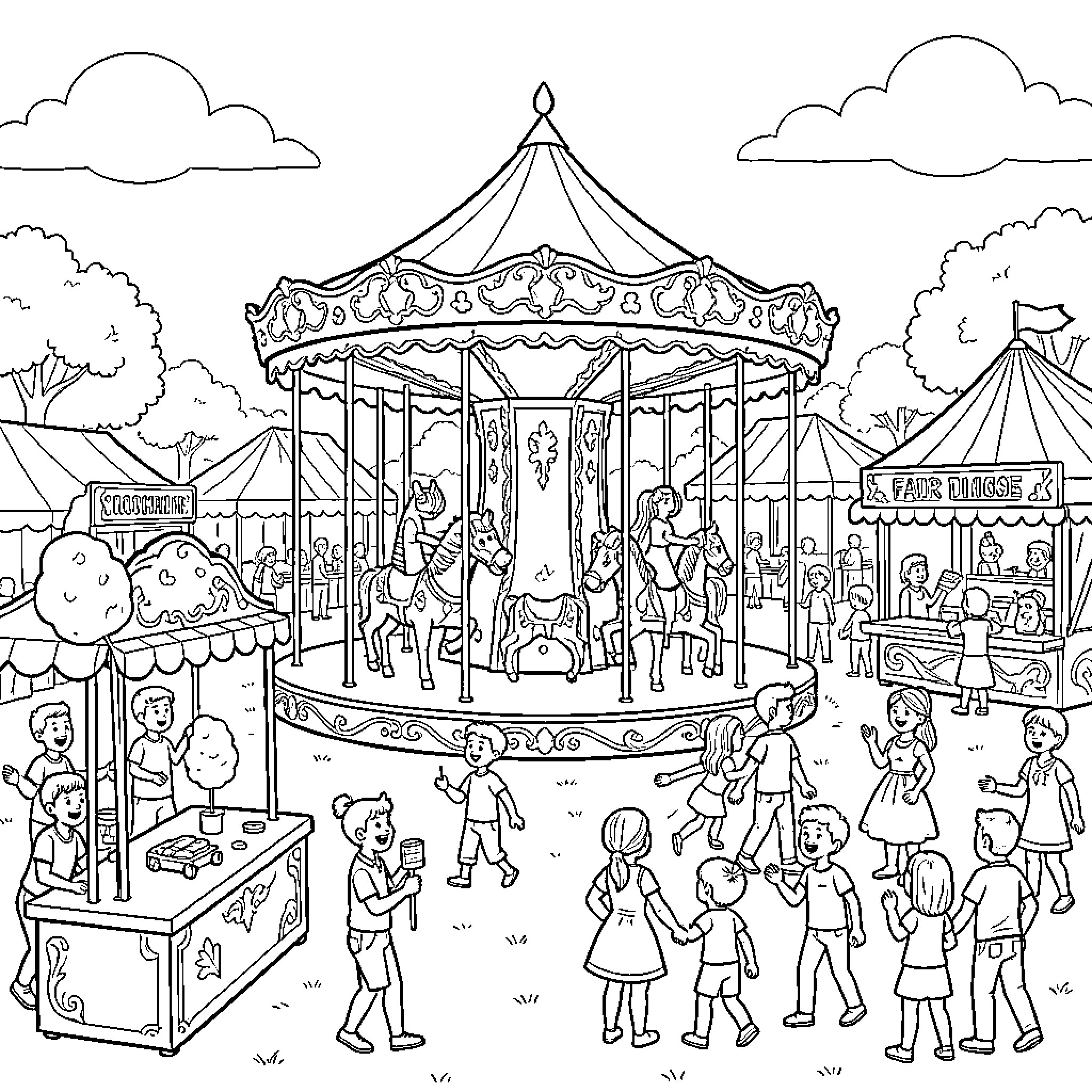 Fête Foraine with people enjoying a merry-go-round and carnival stalls Coloring Page (free black-and-white line drawing printable PDF for all, from beginners to advanced learners, including children, teens, adults, and seniors)