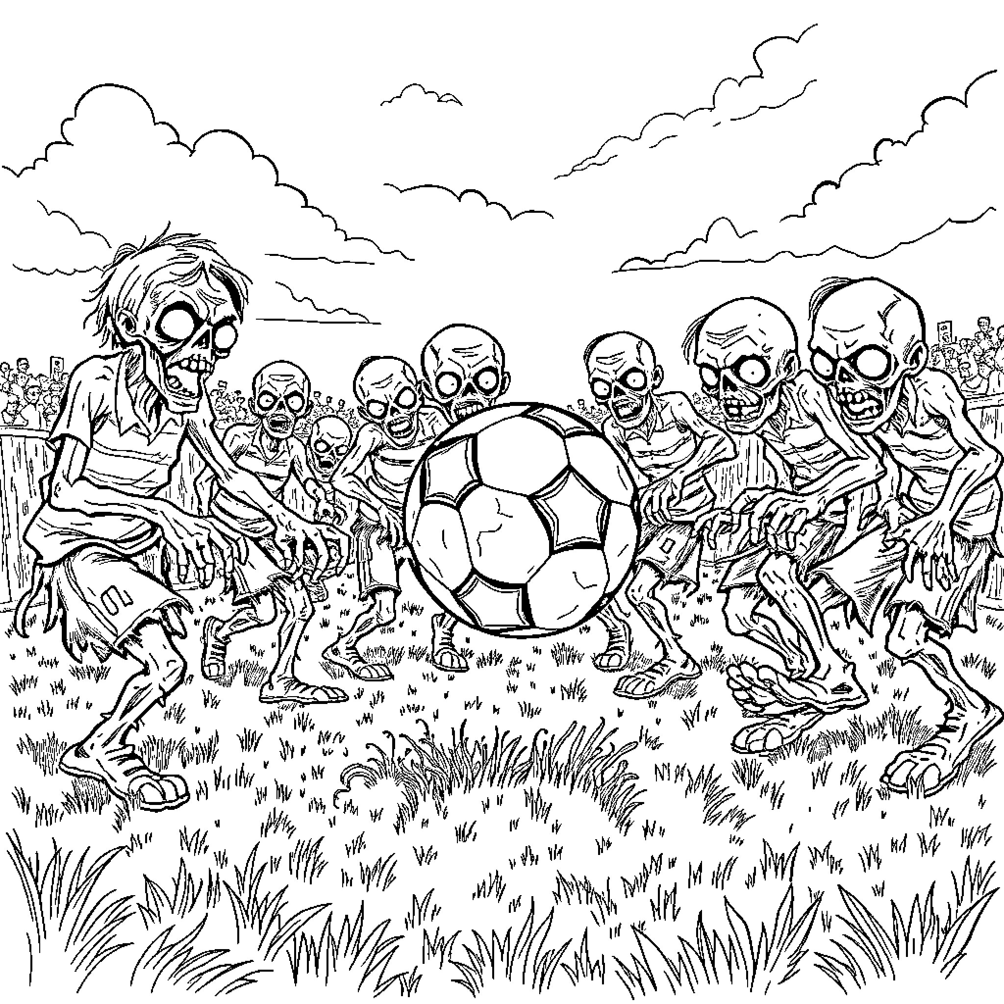 Zombie Soccer Game in the Grassy Field Coloring Page (free black-and-white line drawing printable PDF for all, from beginners to advanced learners, including children, teens, adults, and seniors)