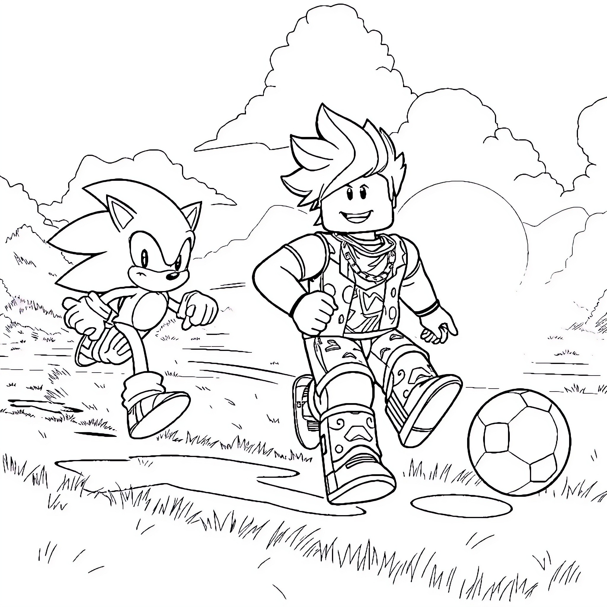 Roblox Character Playing Soccer with Sonic the Hedgehog Coloring Page (free black-and-white line drawing printable PDF for all, from beginners to advanced learners, including children, teens, adults, and seniors)
