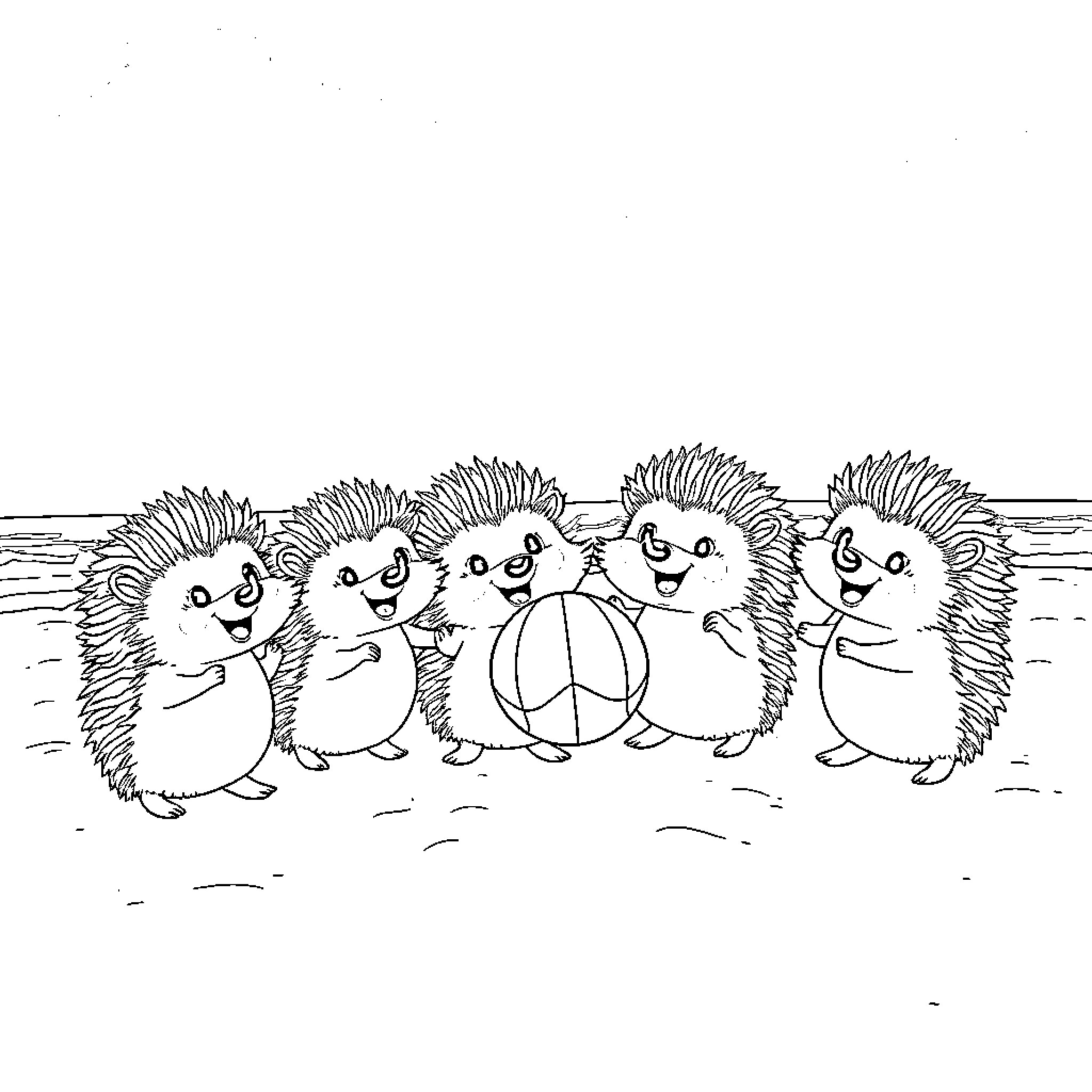 Hedgehogs playing together with a beach ball Coloring Page (free black-and-white line drawing printable PDF for all, from beginners to advanced learners, including children, teens, adults, and seniors)